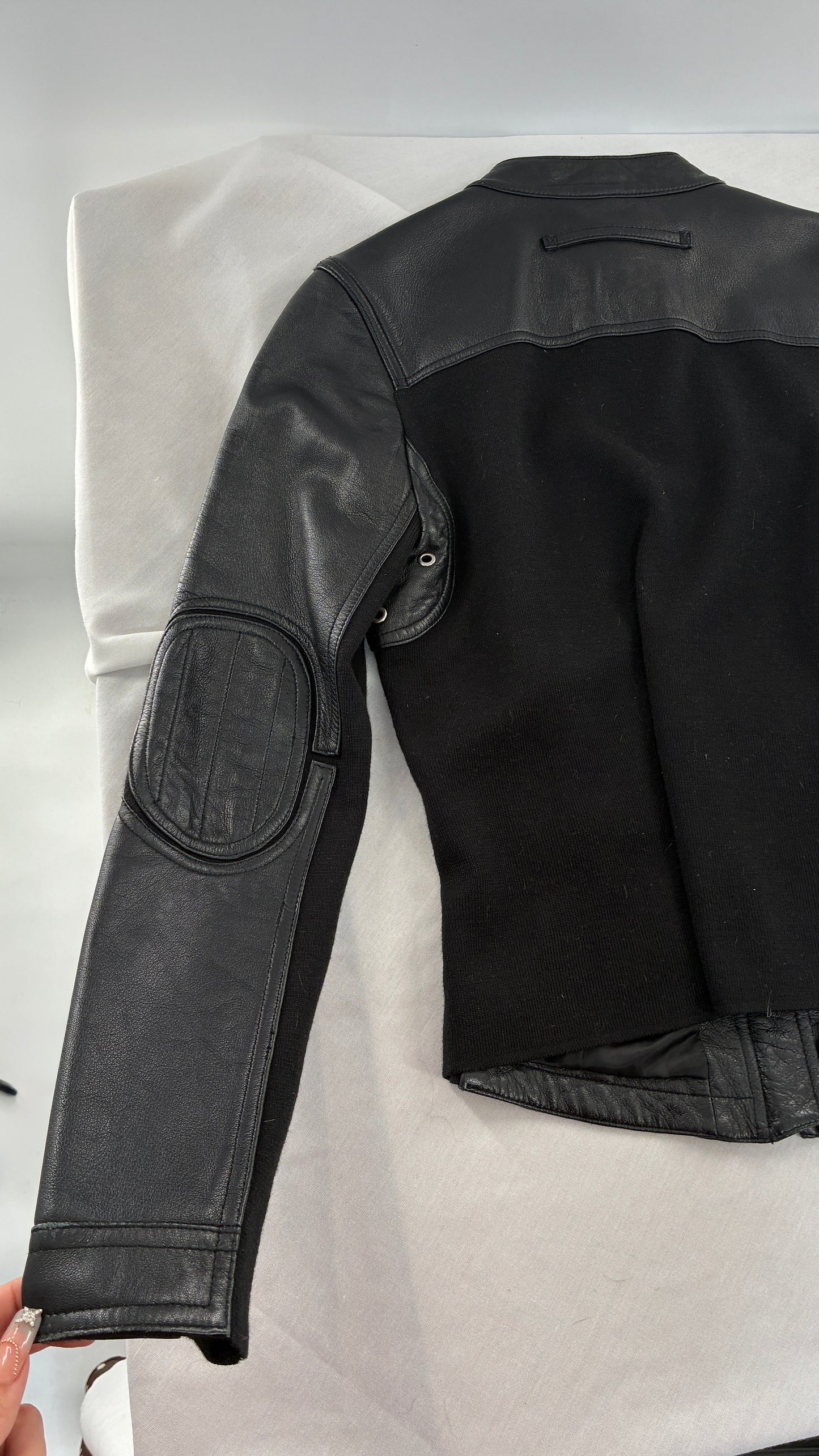 Vintage INC Black Genuine Leather and Wool Blend Paneled Patch Motorcycle Jacket (Medium)