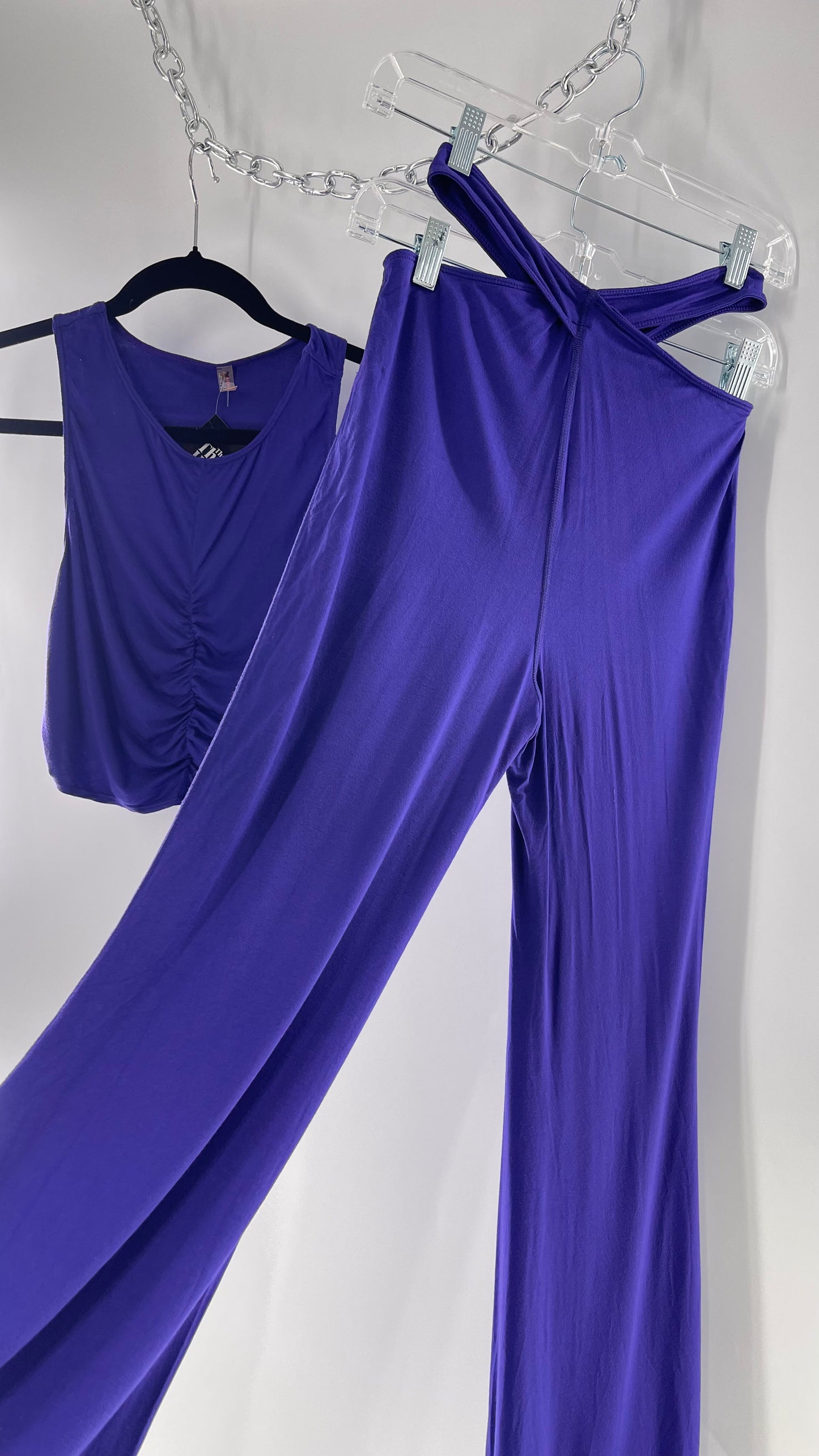 Free People 2 Piece Cobalt Purple Ruched Tank+ Cut Out Hip Strap Detail Flared Bottoms Set (Small)