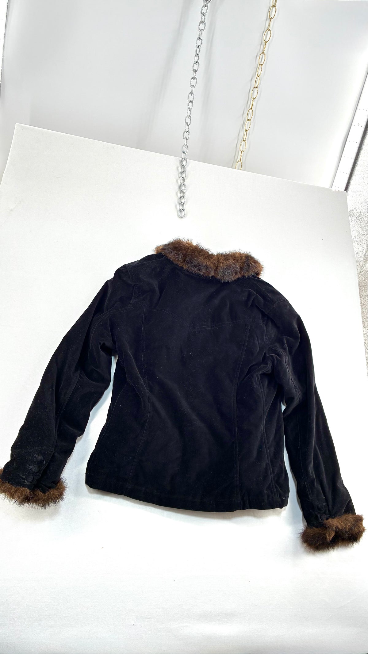 Vintage BLACK RIVET Velour Jacket with Vegan Fur Trim Collar and Cuffs (Large)