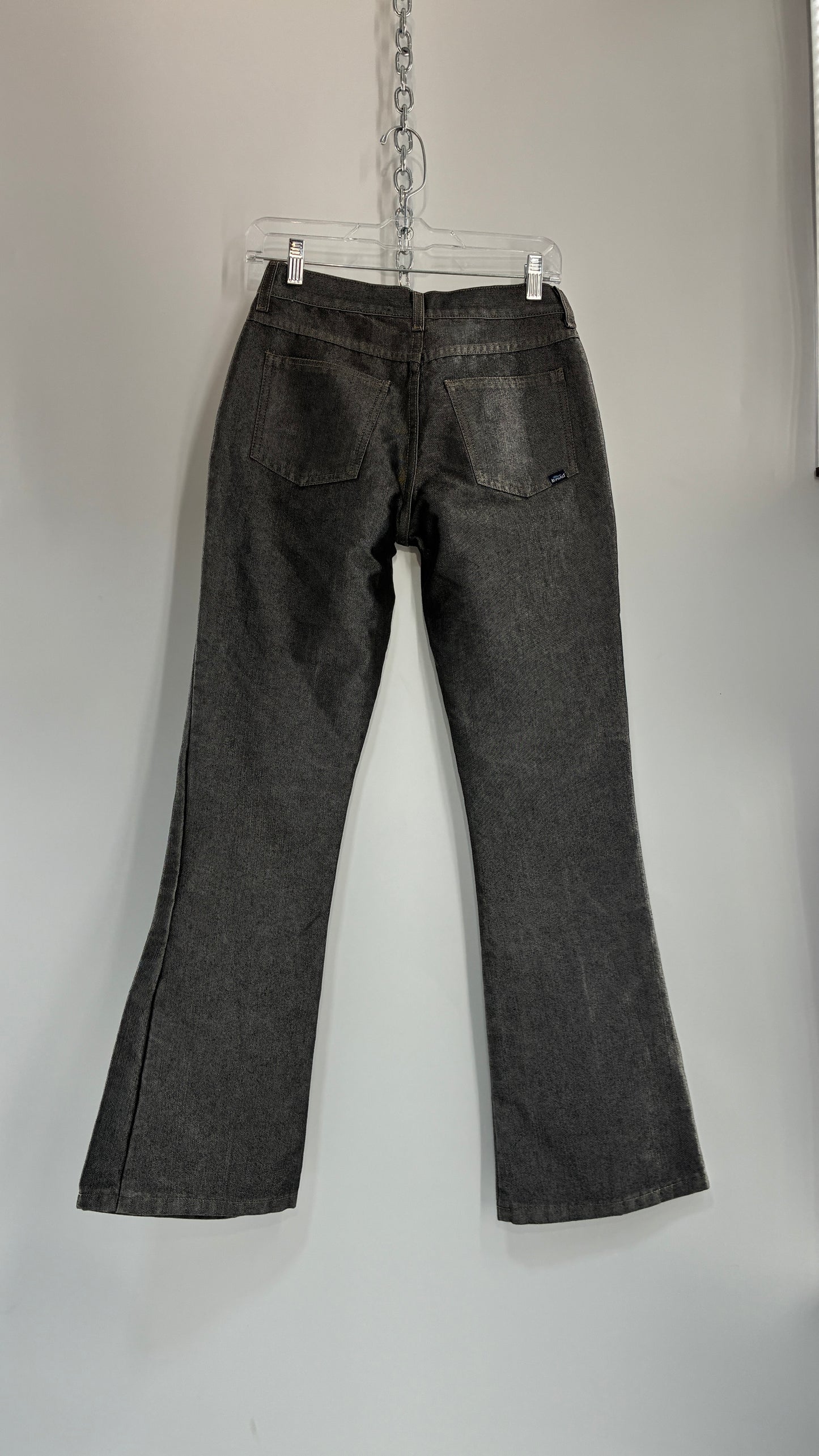 Vintage BLUE ASPHALT Metallic Silver Grey Denim Low Rise Kick Flares (5)
