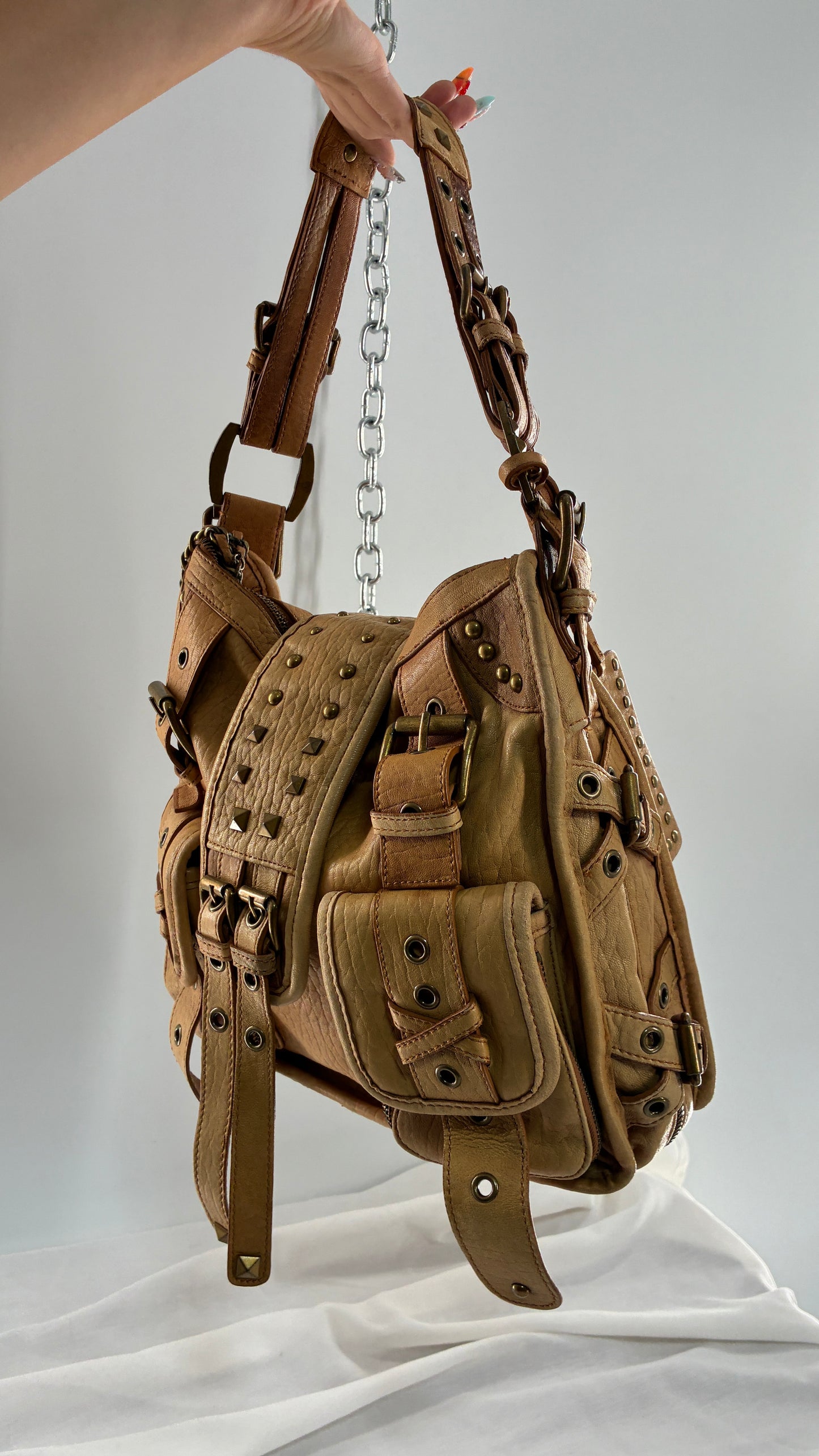 Rare Vintage BETSEY JOHNSON Heavy Leather, Oversized Shoulder Bag with Leopard Lining