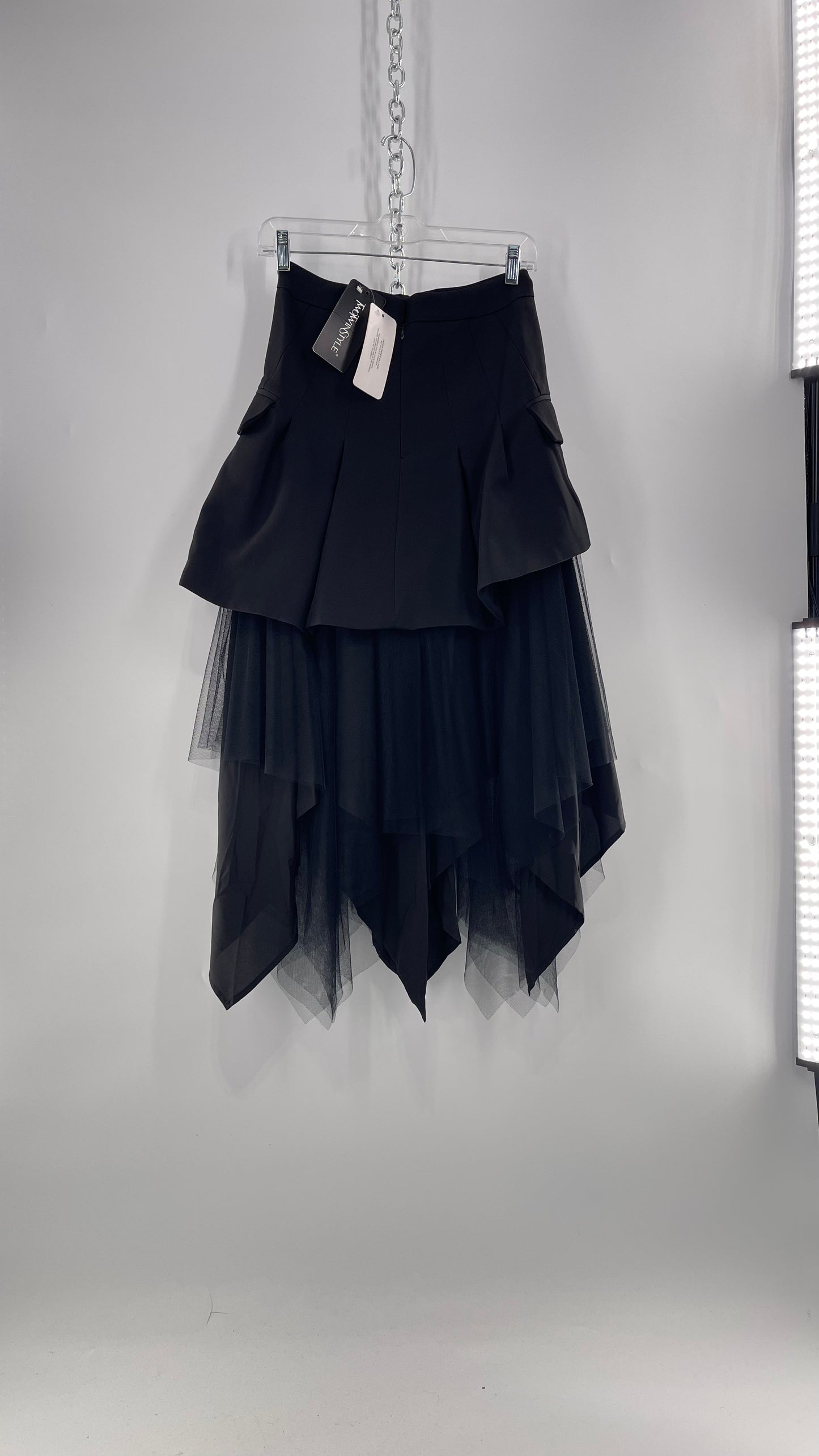 Two Twin Style Black Blazer Skirt with Mesh Tulle Layered Handkerchief Hem (S)