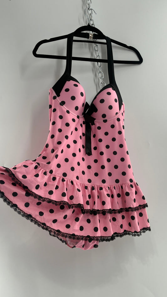 Vintage Retro Style Pink Polka Dotted Swim Dress with Ruffled Skirt and Underwire Bust (XL)