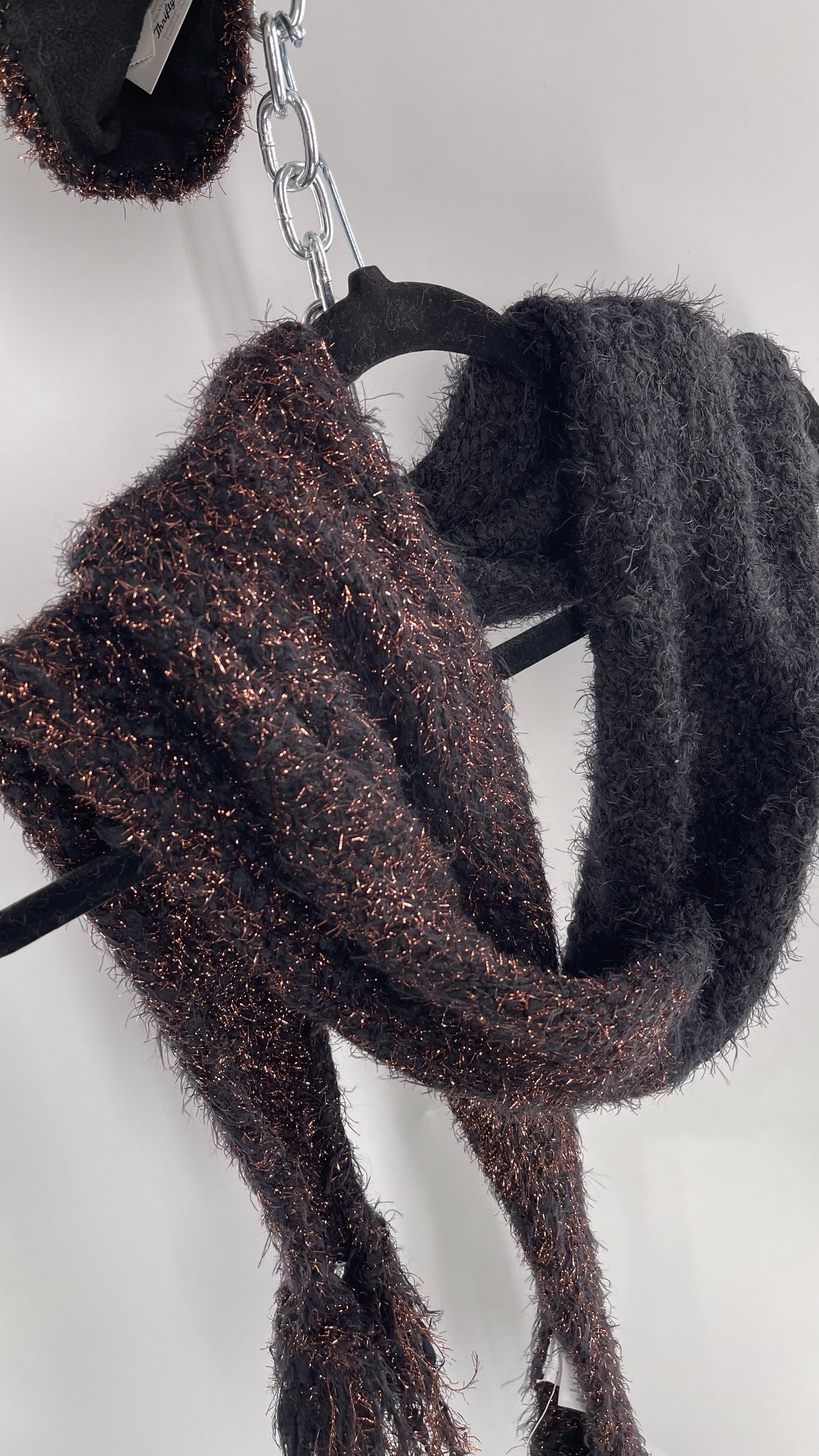 Anthropologie Bronze Tinsel Black Knit Beanie and Skinny Pom Scarf 2pc Set with Tags Attached