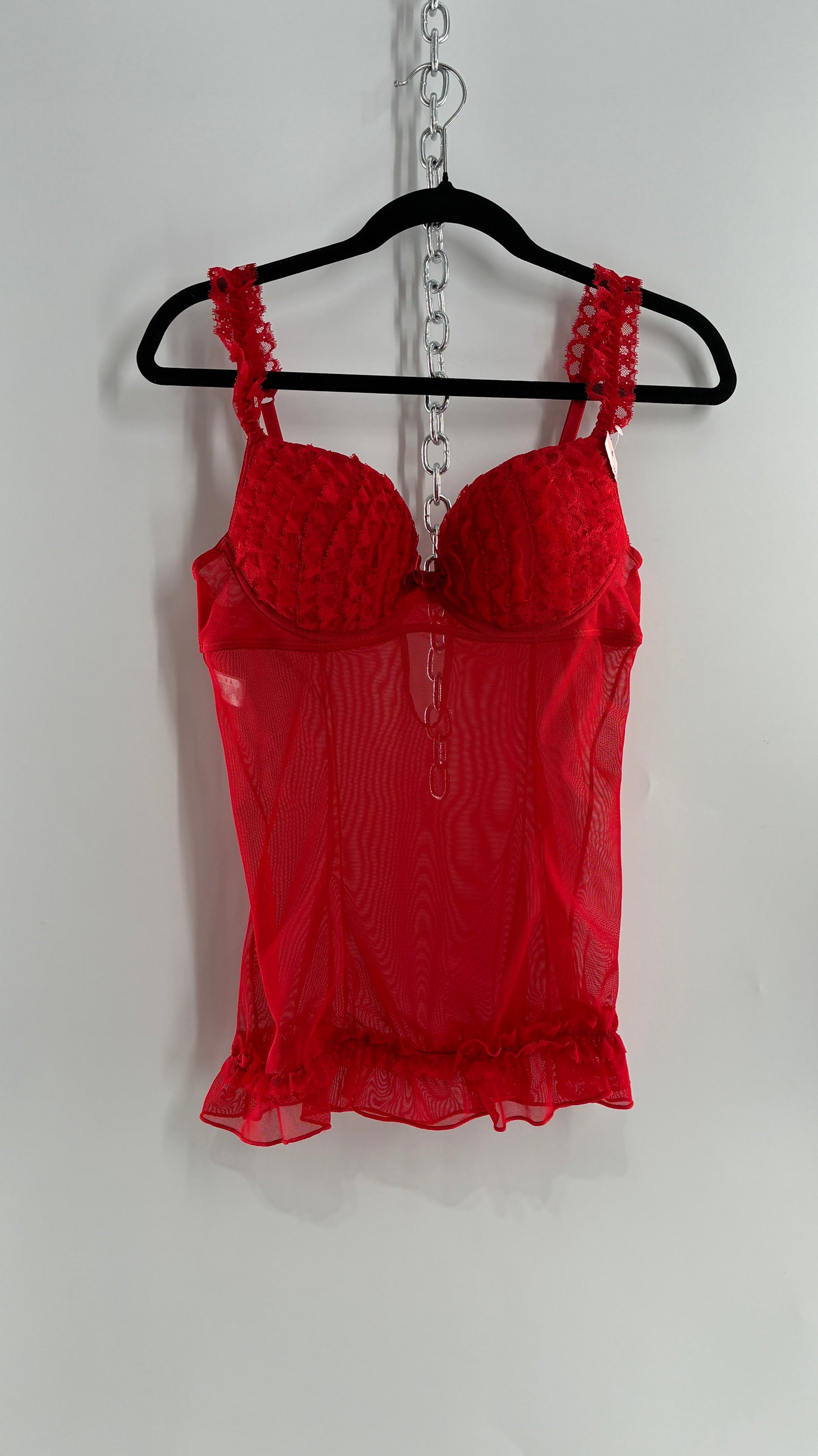 Deadstock Vintage Babydoll Bustier with Ruffled Cups, Lace Straps and Ruffled Lace Hem (34C)