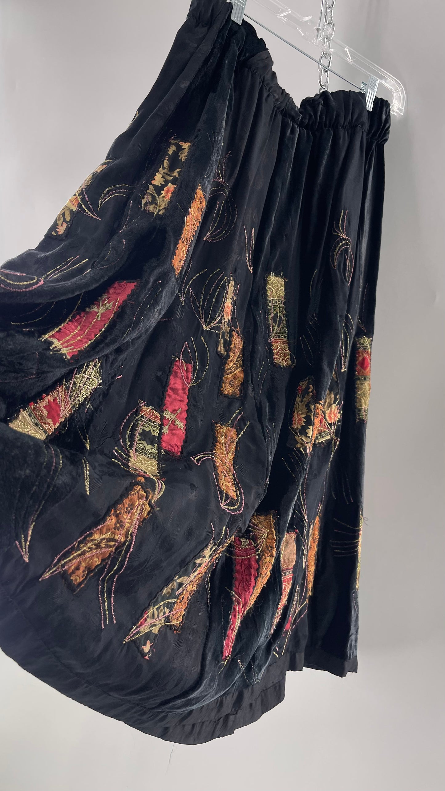 Vintage Black Velvet and Embossed Florals Patchwork Skirt with Metallic Stitch Detailing with Lining and Thick Waistline (M)