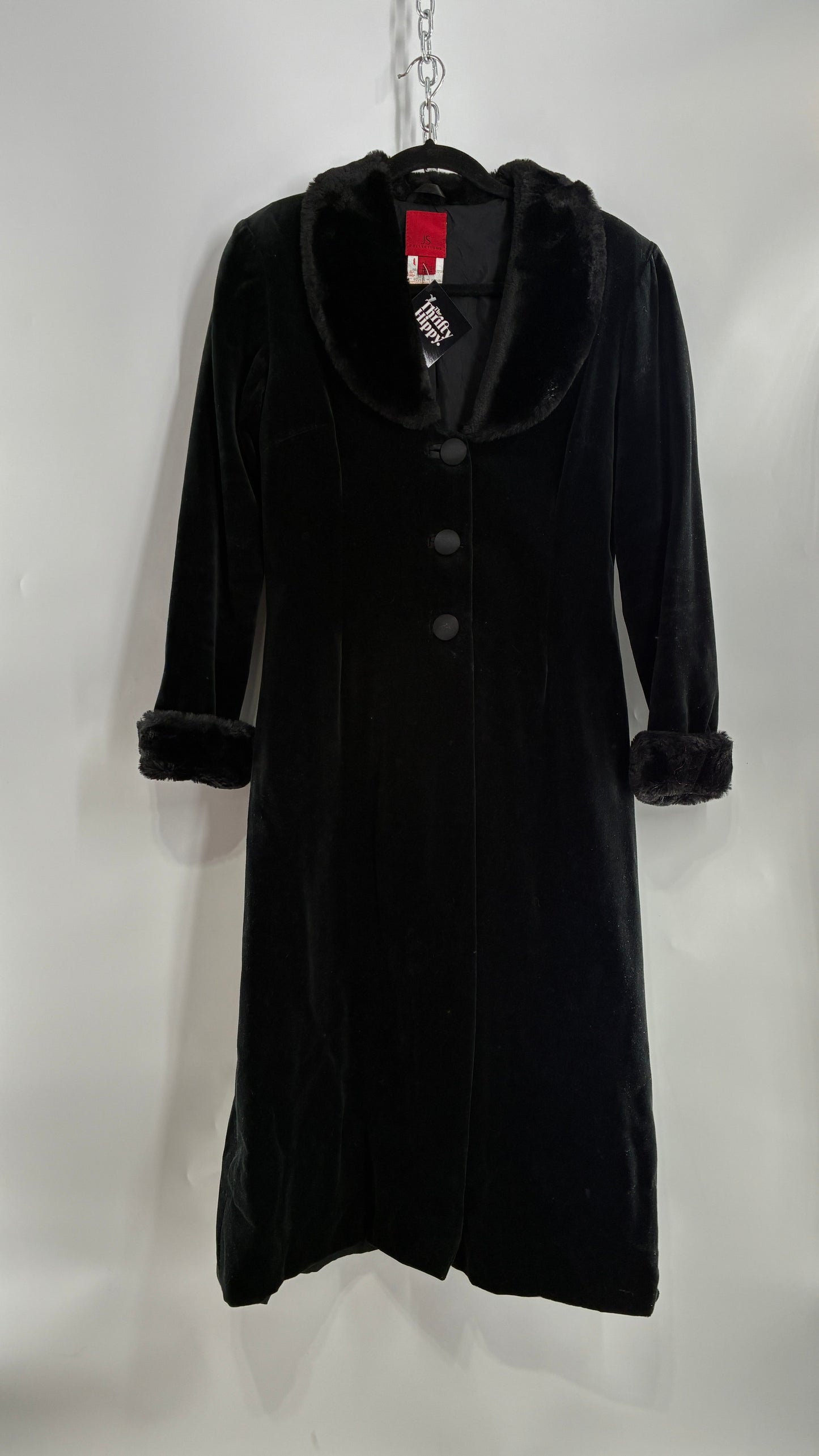 Vintage JS Collection Velour Duster Coat with Deep Neckline, Vegan Fur Collar and Cuffs (Large)