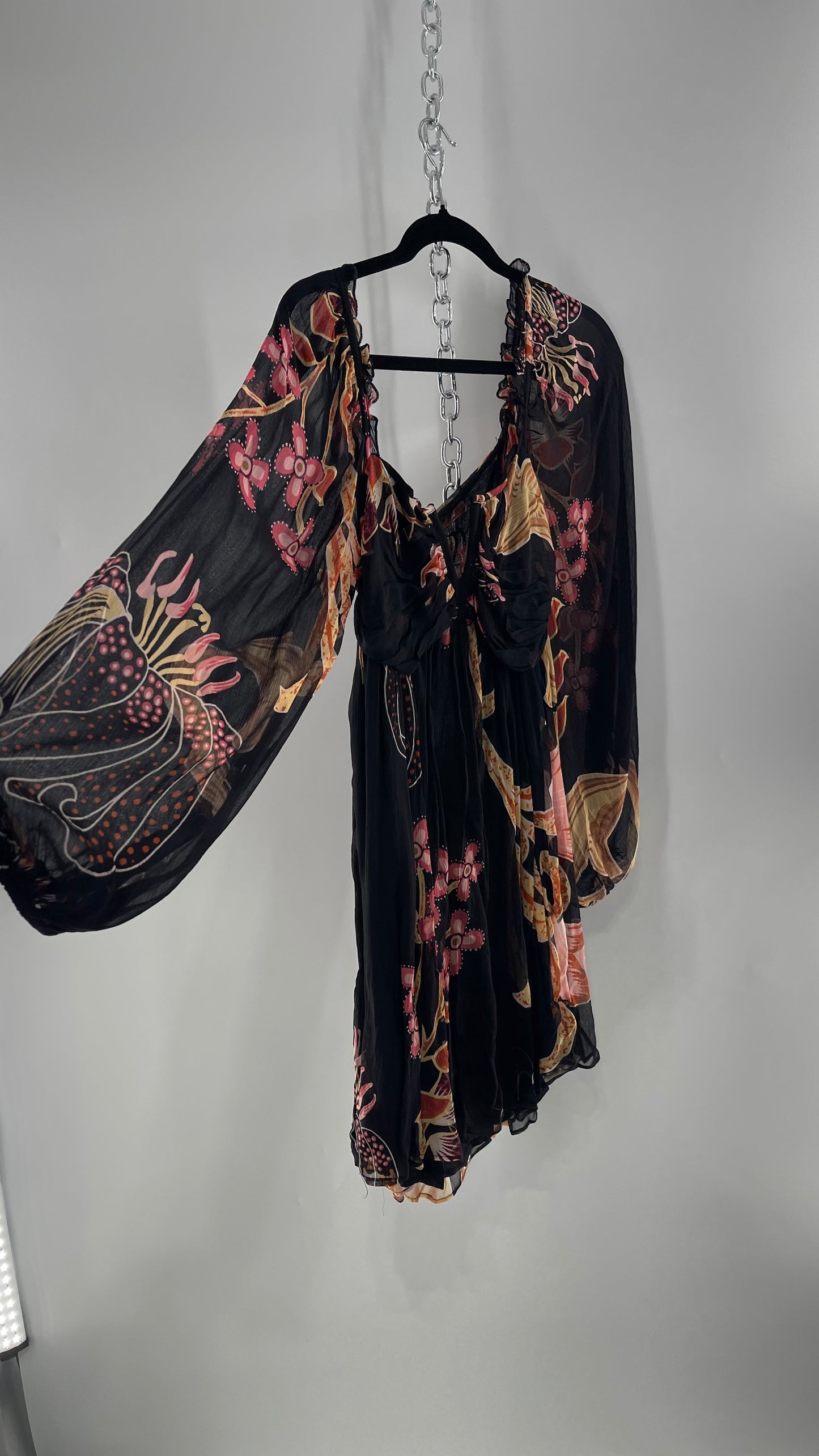 Anthropologie Let Me Be Crimped Black Chiffon Pink Floral Patterned l Dress with Tie/Open Back Detail and Tags Attached (Small)