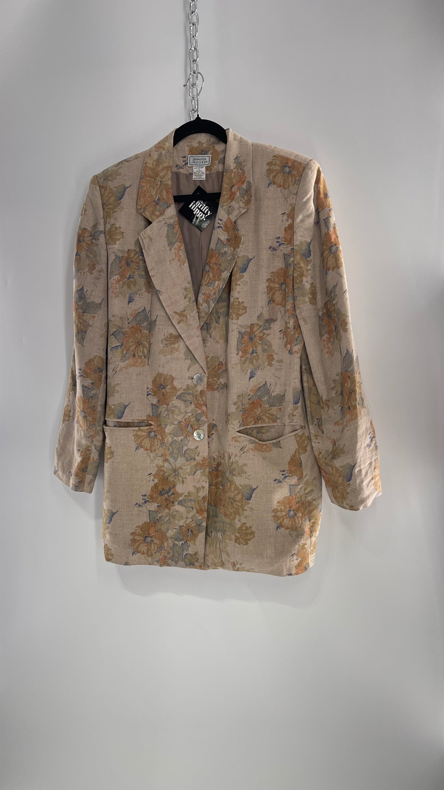 Vintage Jennifer Moore Tan 100% Linen Obscure Muted Autumn Flora Blazer (14/Large)