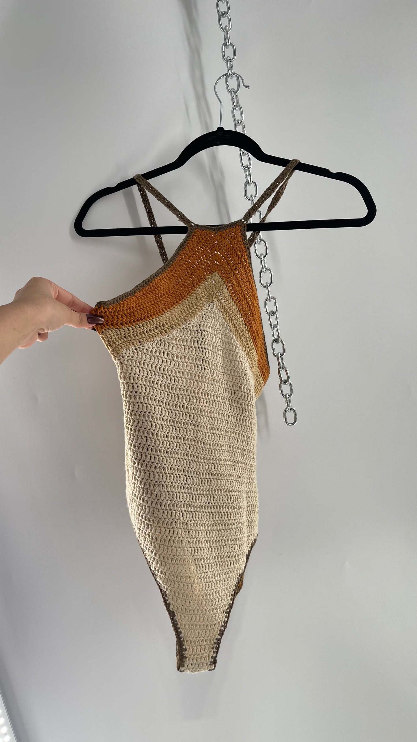 Intimately Free People Brown, Beige, Orange Crochet Knit Bodysuit (XS)