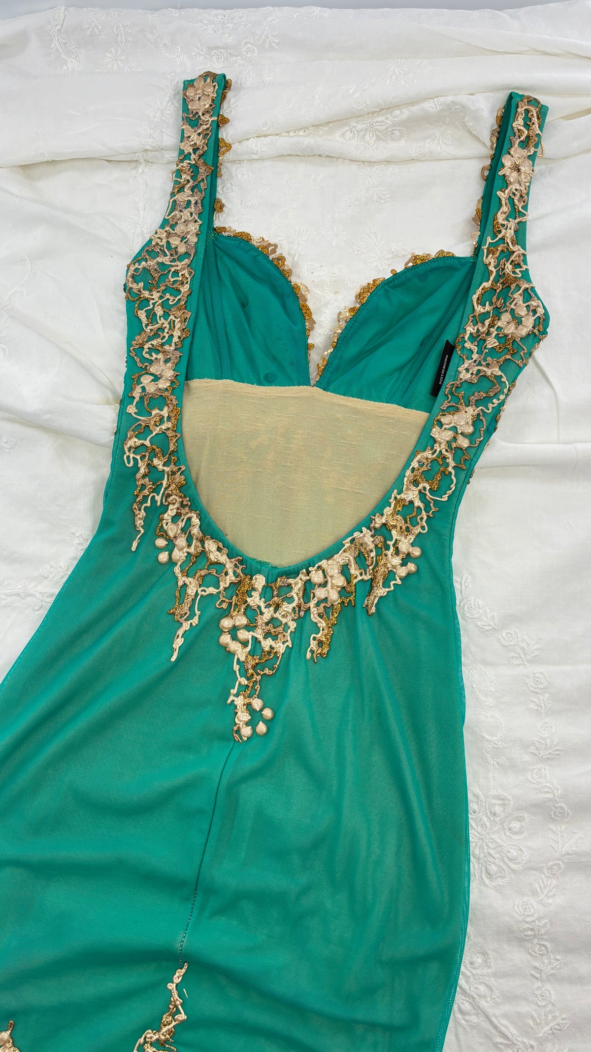 Vintage HOLT Hand Painted Turquoise Mini Dress with Low Open Back (XXS/XS)