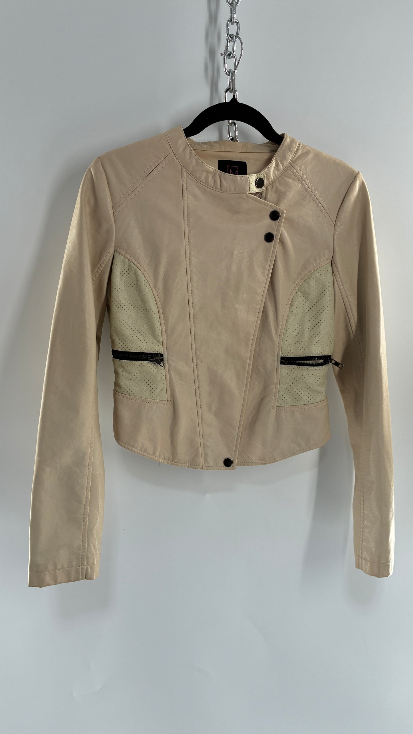 Vintage MATERIAL GIRL Cream Vegan Leather Moto Jacket with Contrast Zipper and Neck Strap (Small)