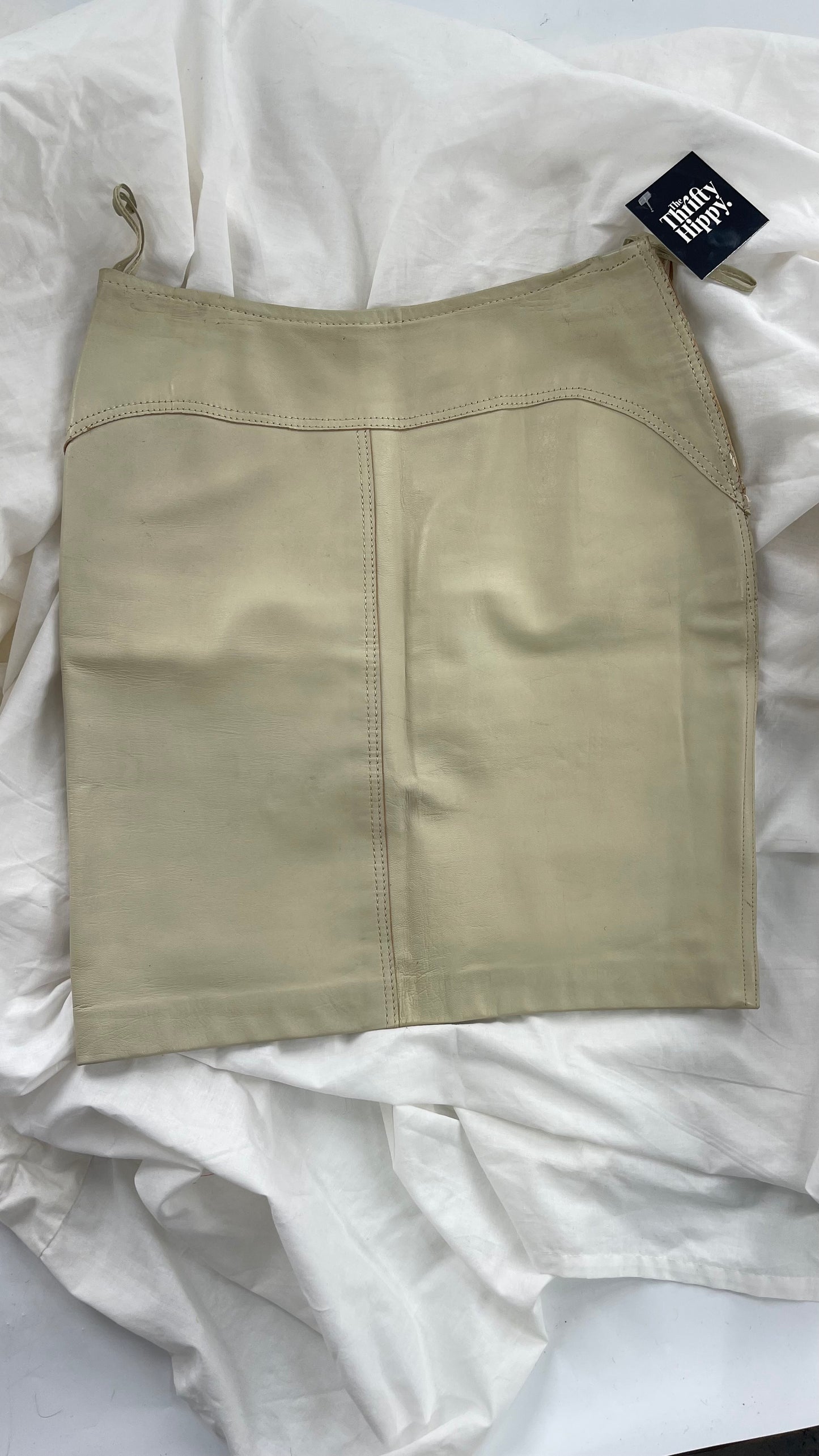 Vintage Genuine Leather Off White Zipper Side Mini Skirt (Medium)