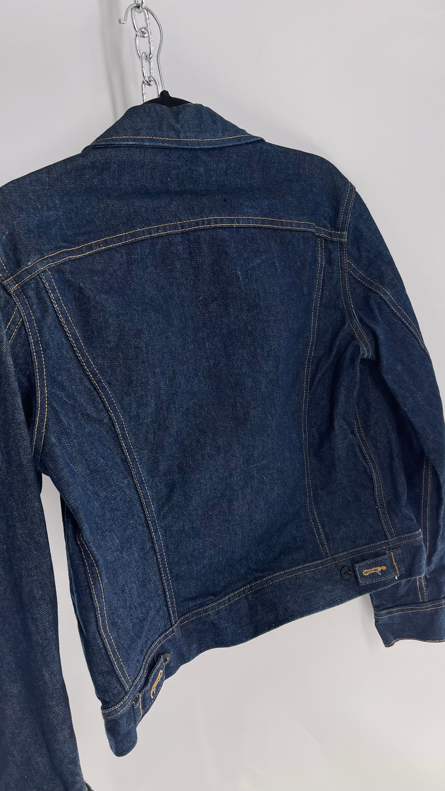 Vintage 1970s LEE Dark Wash PATD 153438 Denim Jacket with Contrast Stitching USA Union Made (38)
