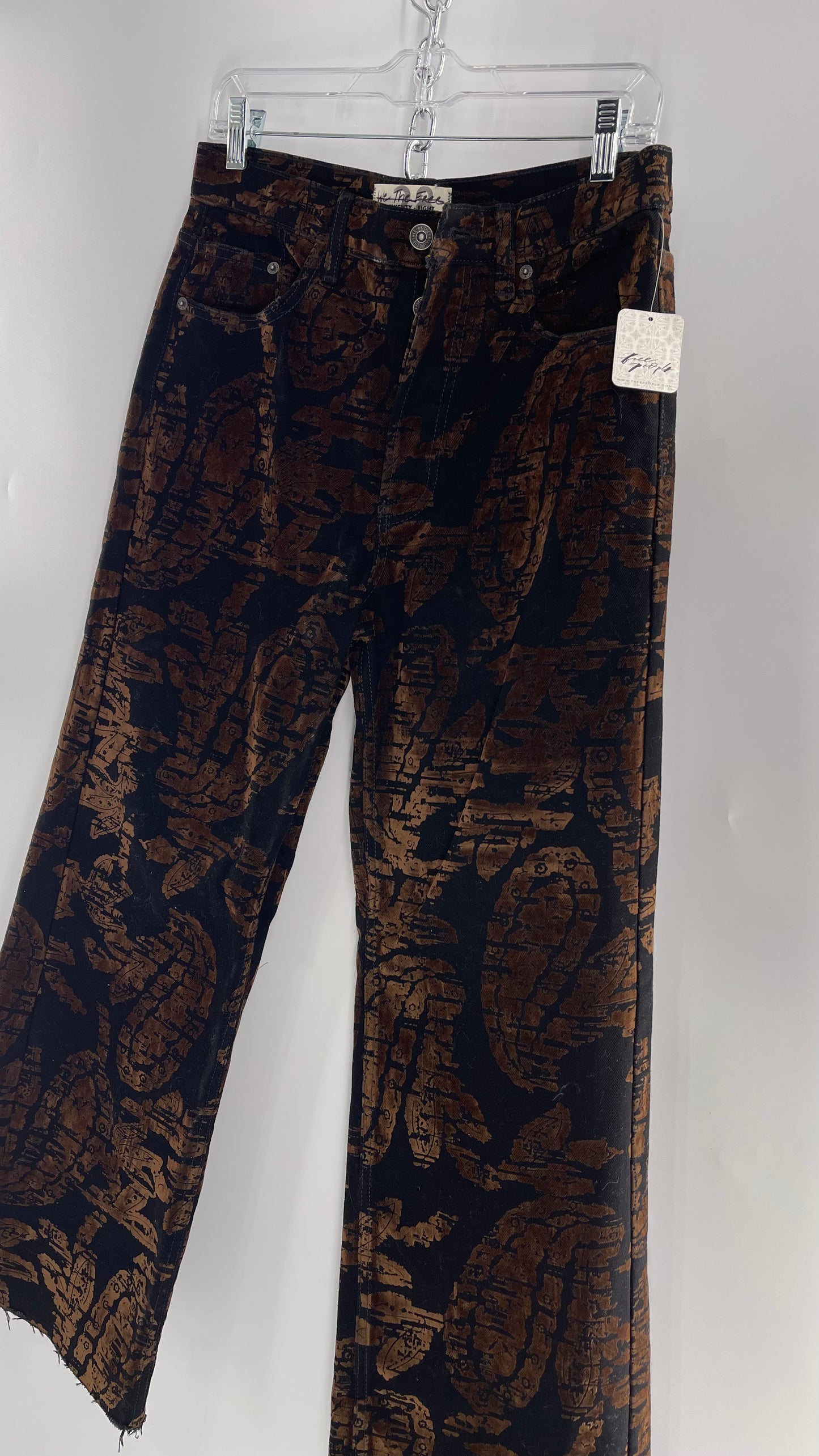 Free People Black/Brown Velvet Texture Graphic Straight Legs with Raw Edge Hem and Tags Attached (28)