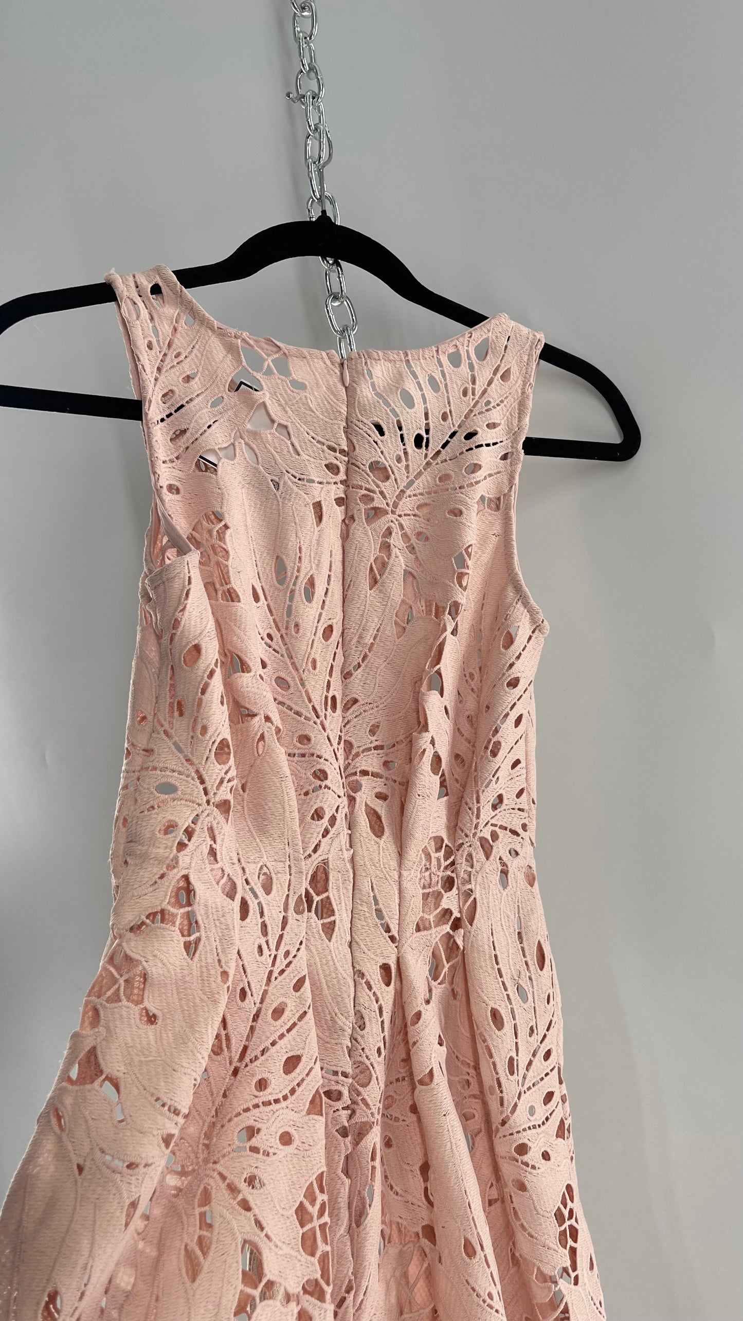 Anthropologie Eva Franco Baby Pink Completely Laser Cut Lace Palm Leaf Knee High Dress (2)