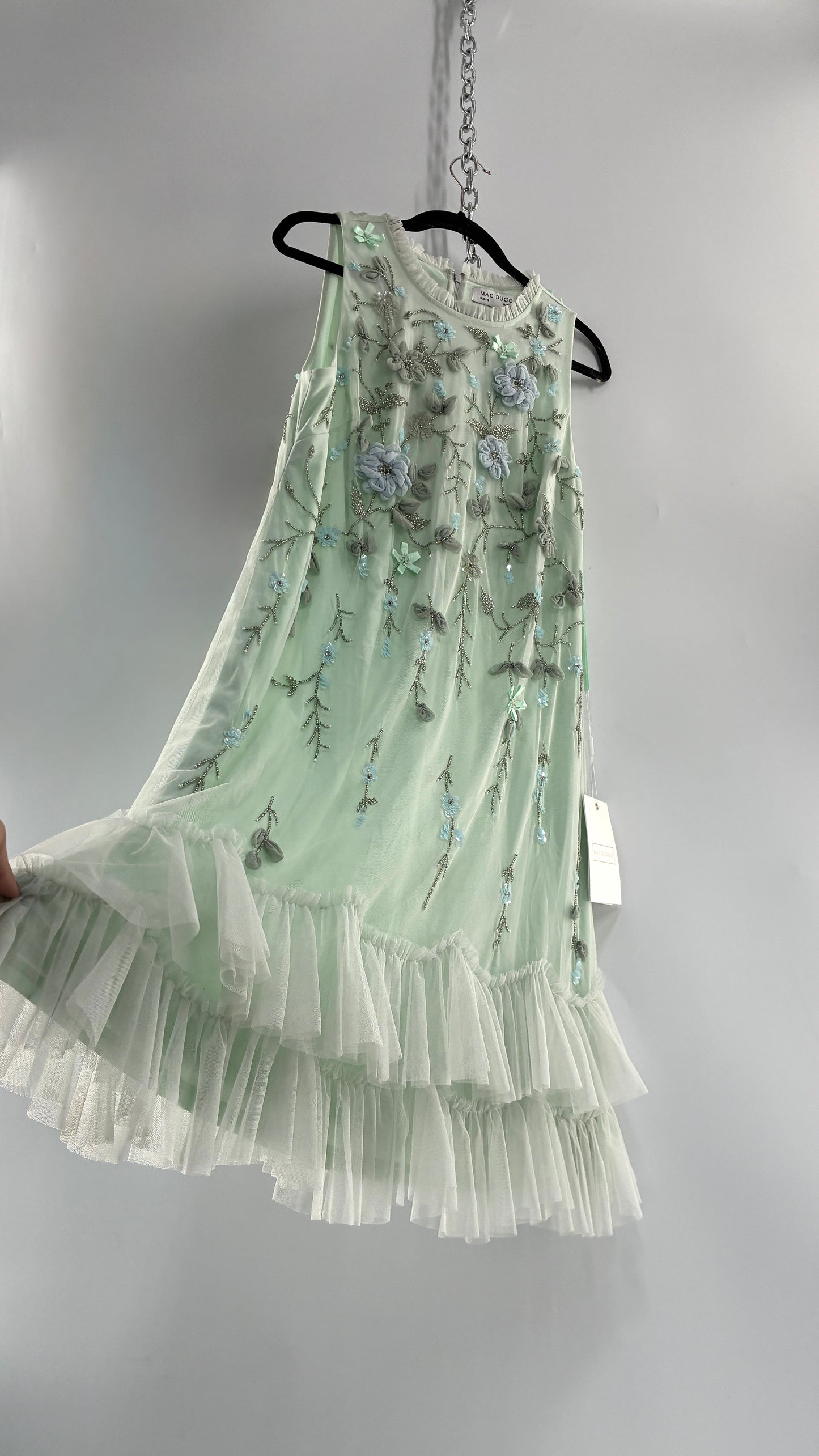 MAC DUGGAL Green Embellished Ruffle Tiered High Neck Floral Dress (10)