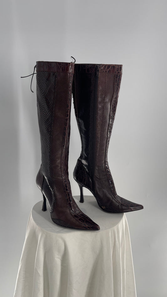 VINTAGE Charles David Paneled Leather Pointed Toe Knee High Boots (6)