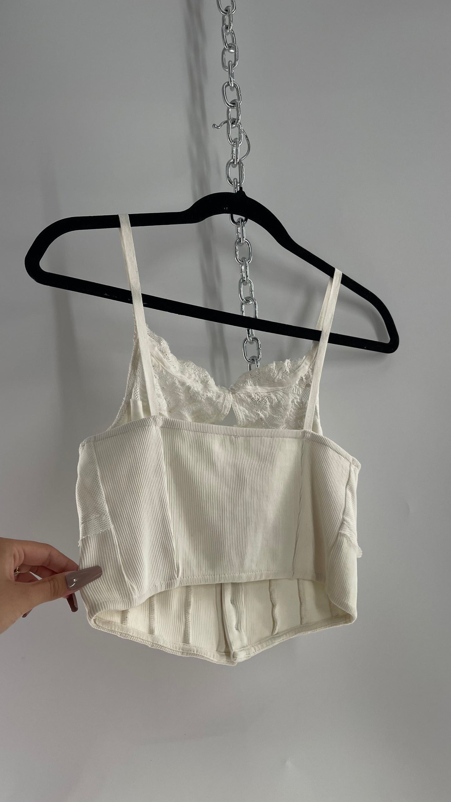 Free People White Tank with Lace Bust and High Neckline and Buttoned Bodice (S)