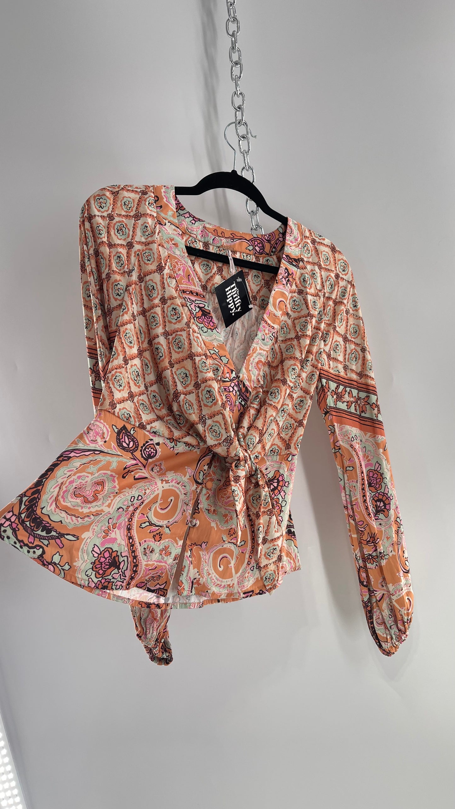 Free People Orange Pastels Paisley Blouse with Bust Tie and Balloon Sleeves (XS)