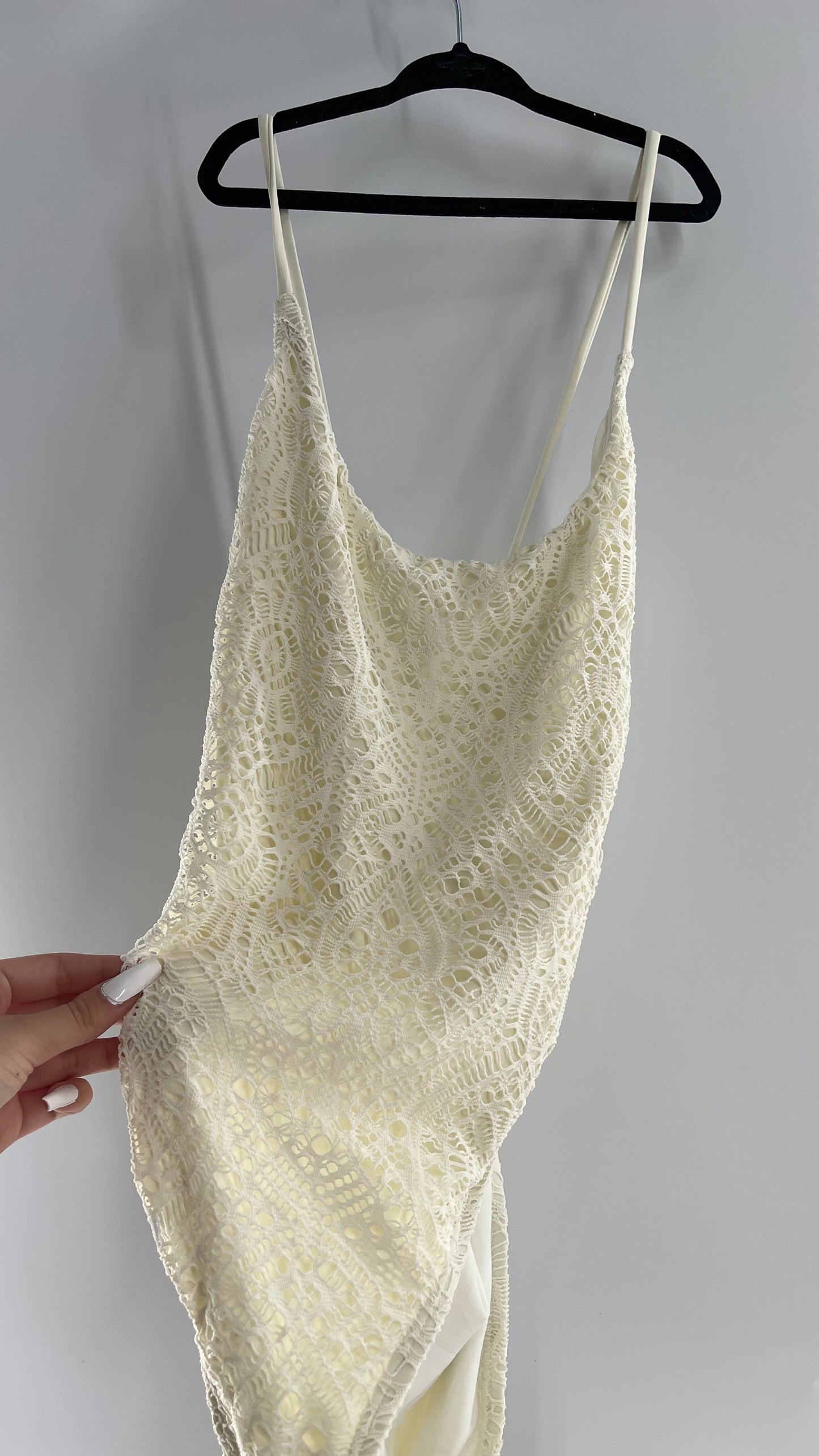 Urban Outfitters White Lace/Crochet Swimsuit with Lace Up Open Back (Medium)