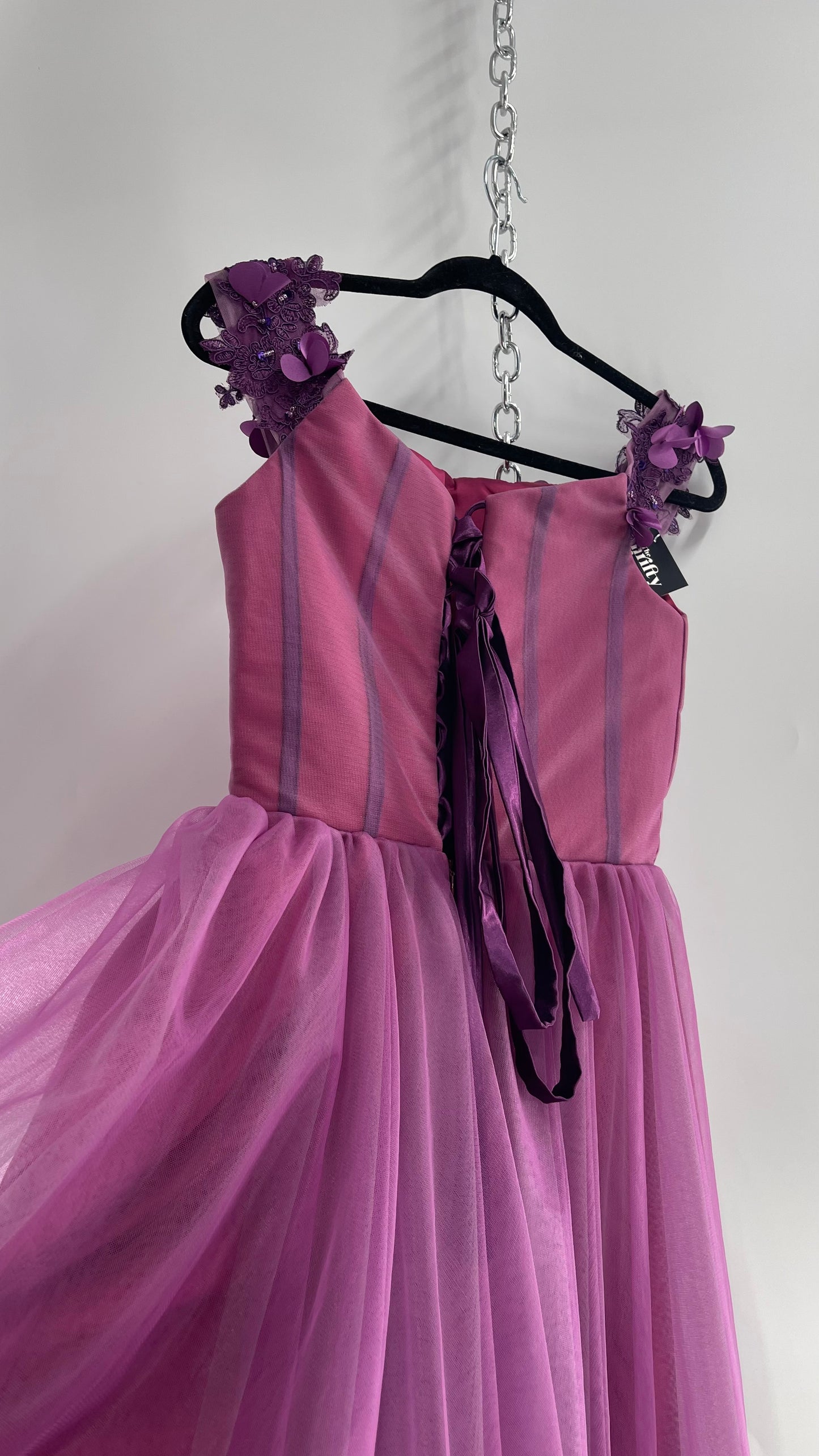 Vintage Handmade Corseted Fairy Dress with Flower Purple Pink Petals and Boning (Medium)