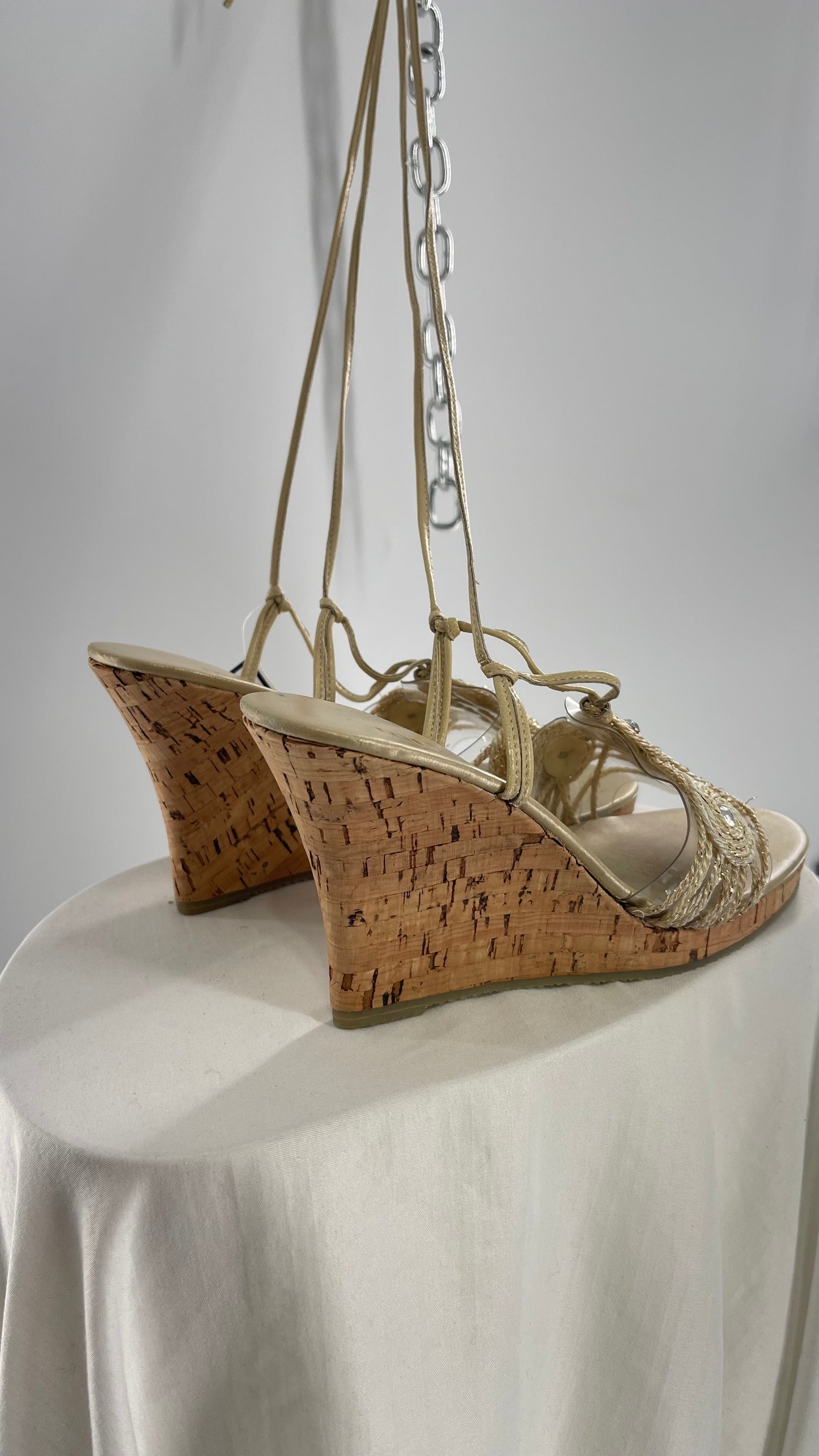 Vintage Bakers Cork Wedge Strappy Neutral Bedazzled Heel (8)