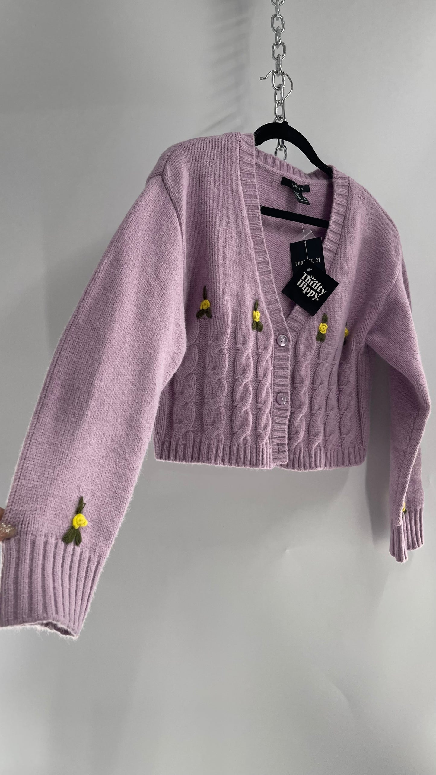 Lilac Thick Knit Cardigan with Tiny Yellow Rosettes and Tags Attached (Medium)