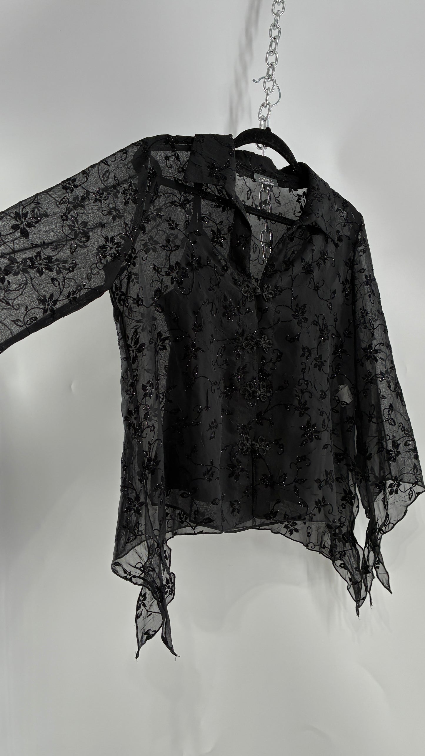 Vintage Black Handkerchief Hem Button Front Velvet Patterned Blouse (Medium)