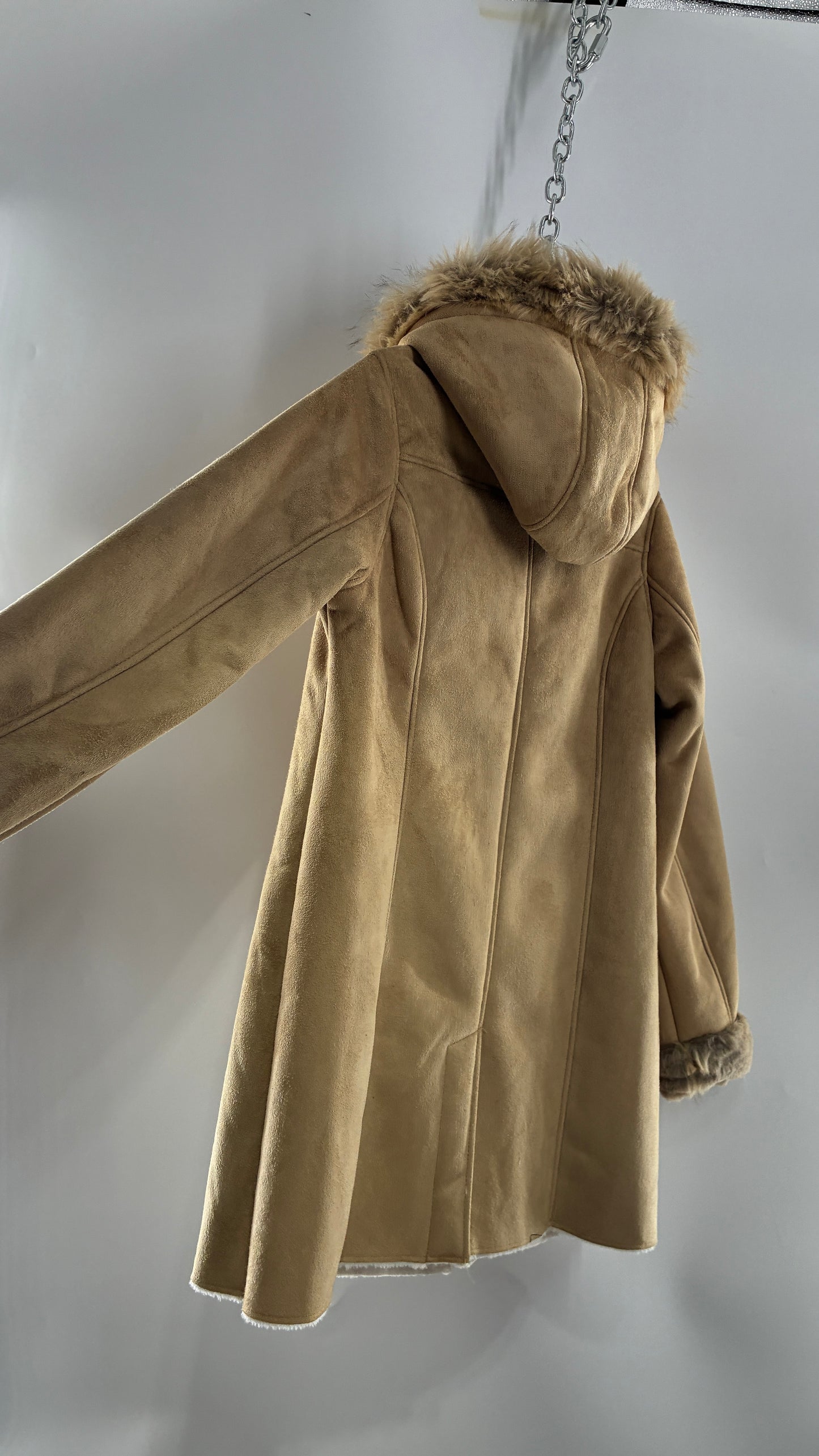 Deadstock Vintage MONROE AND MAIN Vegan Suede Coat with Fur Cuffs and Hood, Tags Attached (Medium)