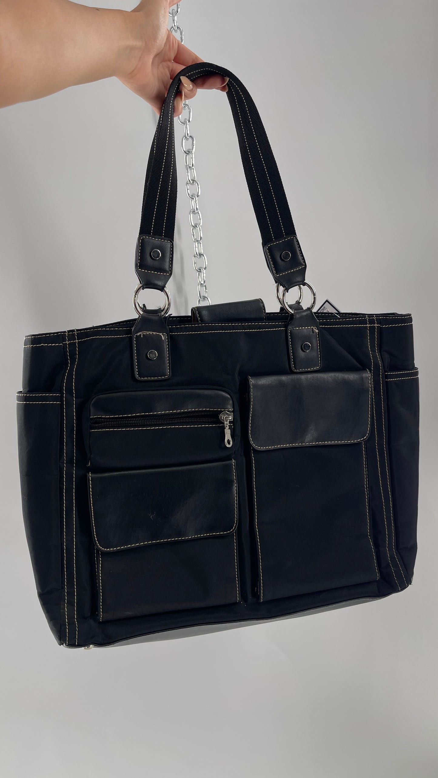 Vintage Oversized Black Exaggerated Pocket Tote Bag with Contrast Stitching