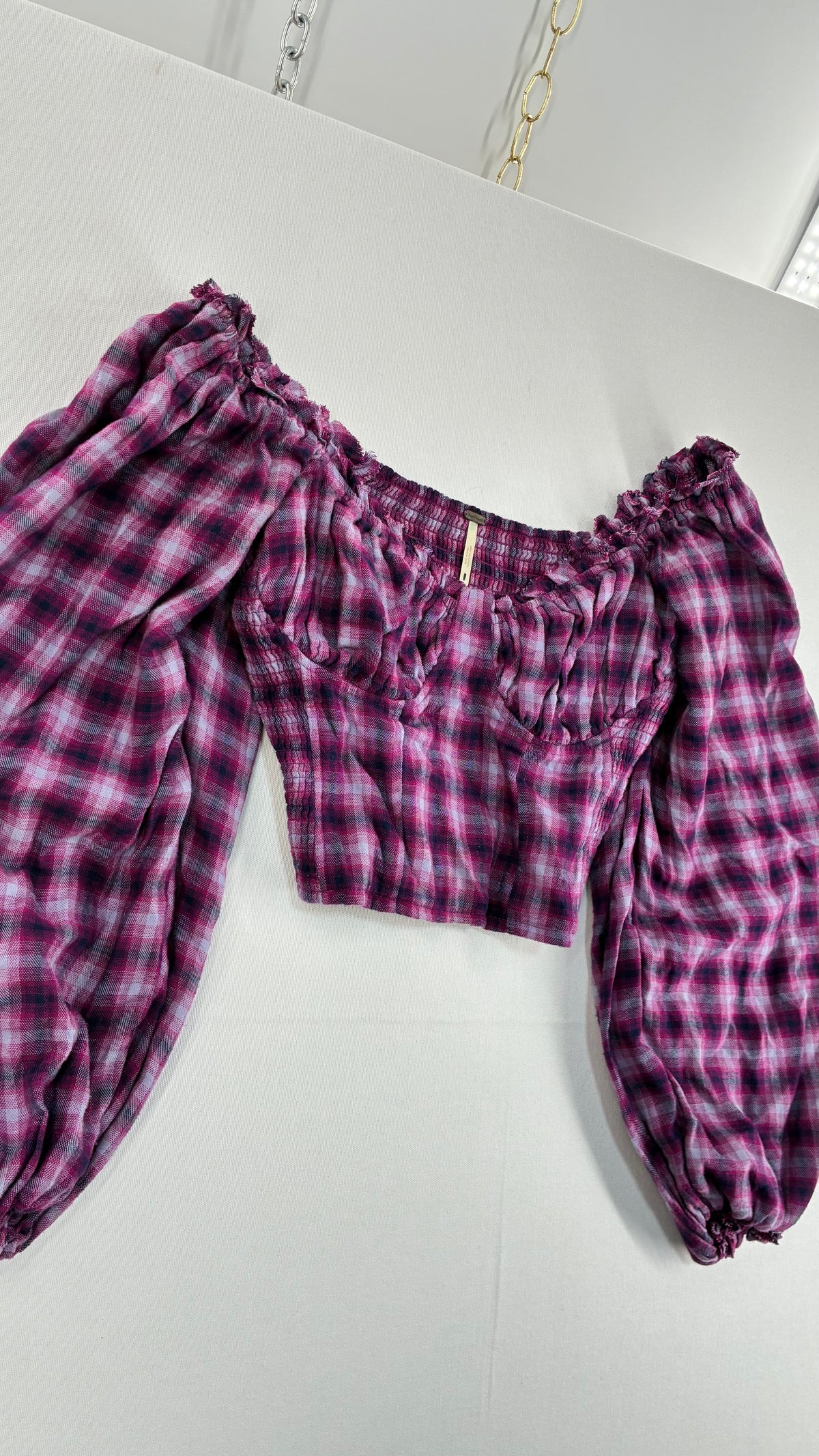 Free People Purple Plaid Bubble Sleeve Blouse with Milkmaid Bust (Small)