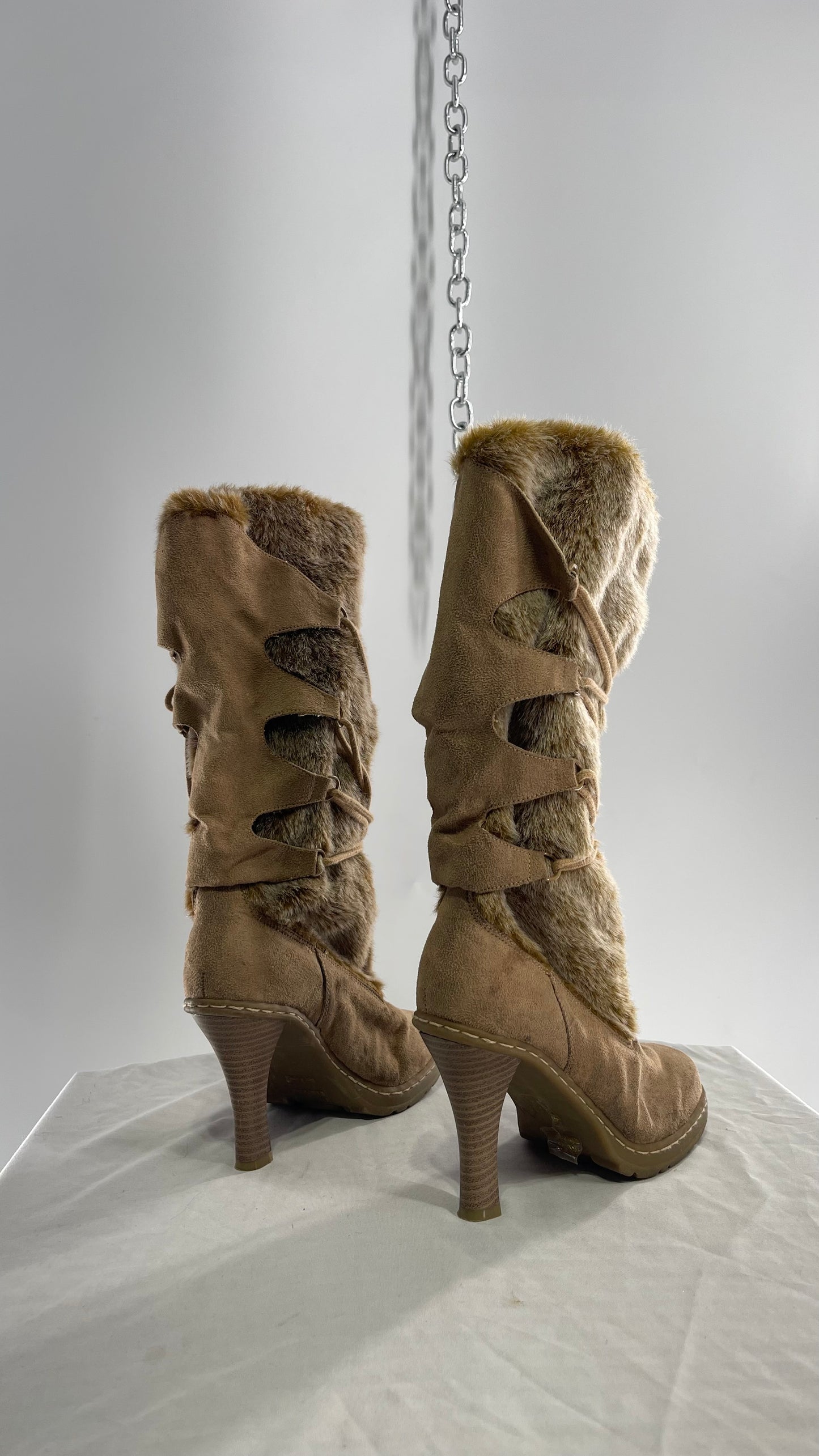 Vintage Round Toe Faux Fur Booties with Tie Up Details (7.5)