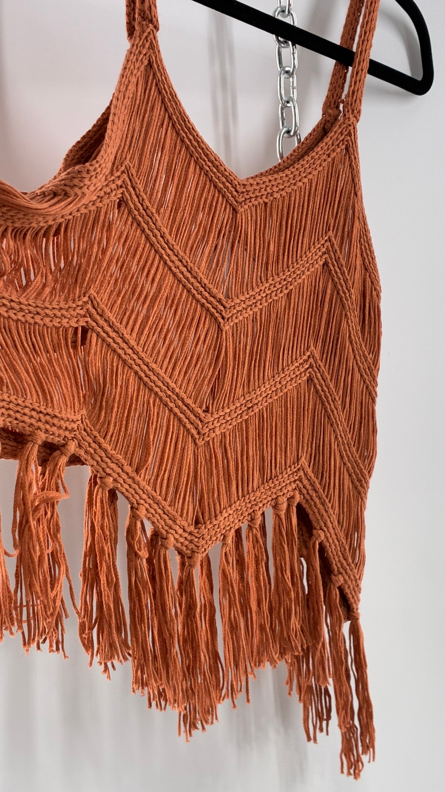 Vintage Rust Orange Macrame Fringe Sleeveless Top (Large)