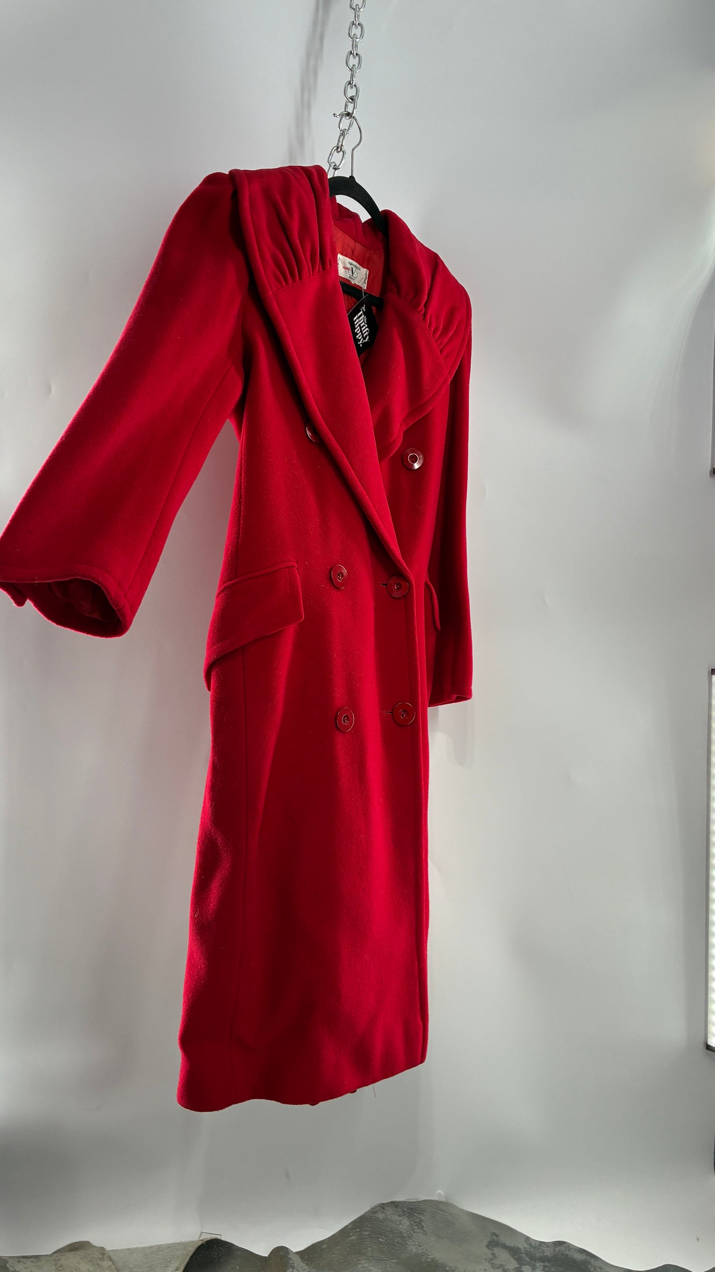Vintage VALENTINO Miss V Red Sweeping, Tie Back and Pleated/Draped Collar Coat