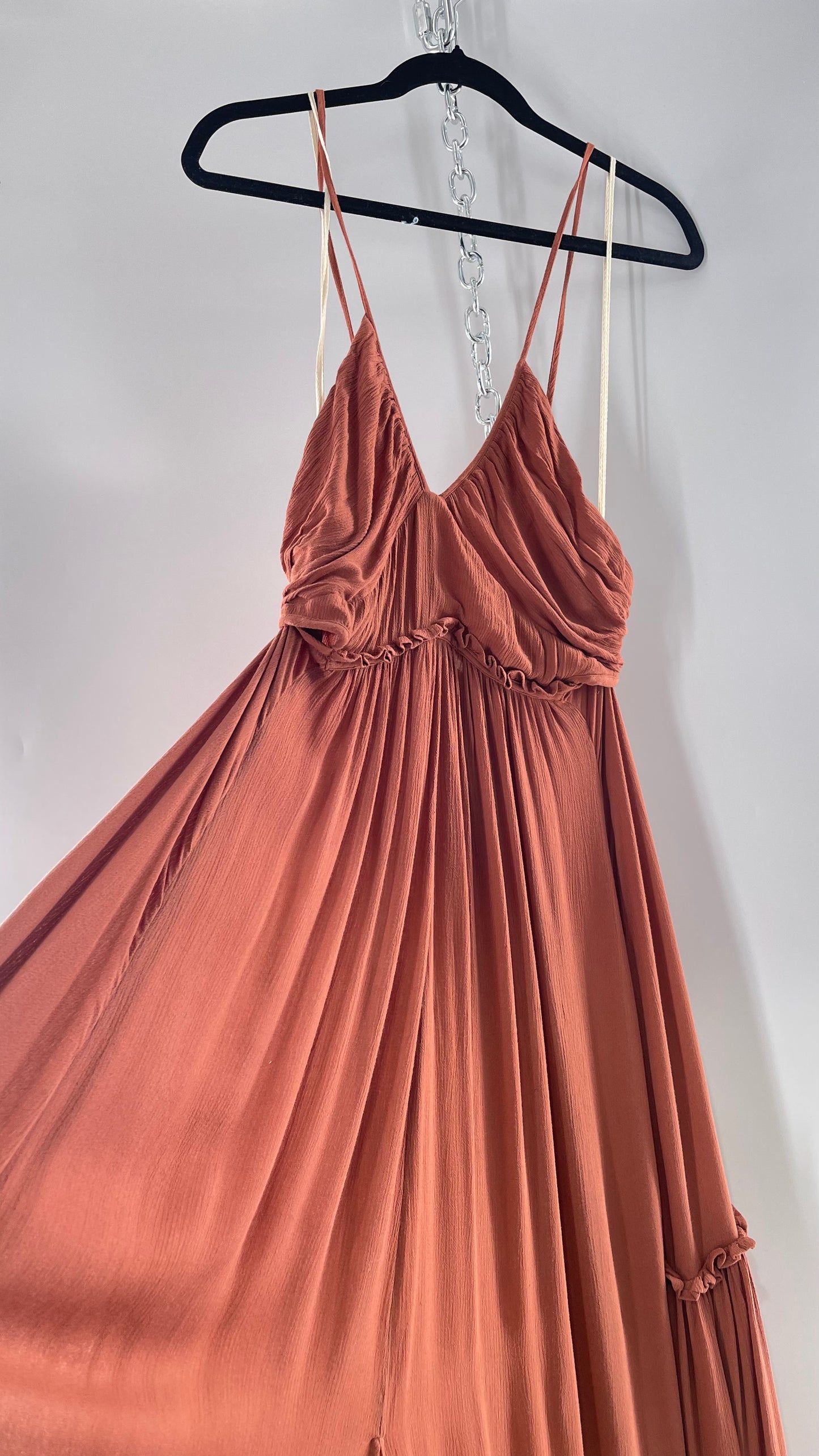 Free People Terracotta/Apricot Toned Voluminous Gown with Open Cut Out Sides and Low, Open Back (Large)