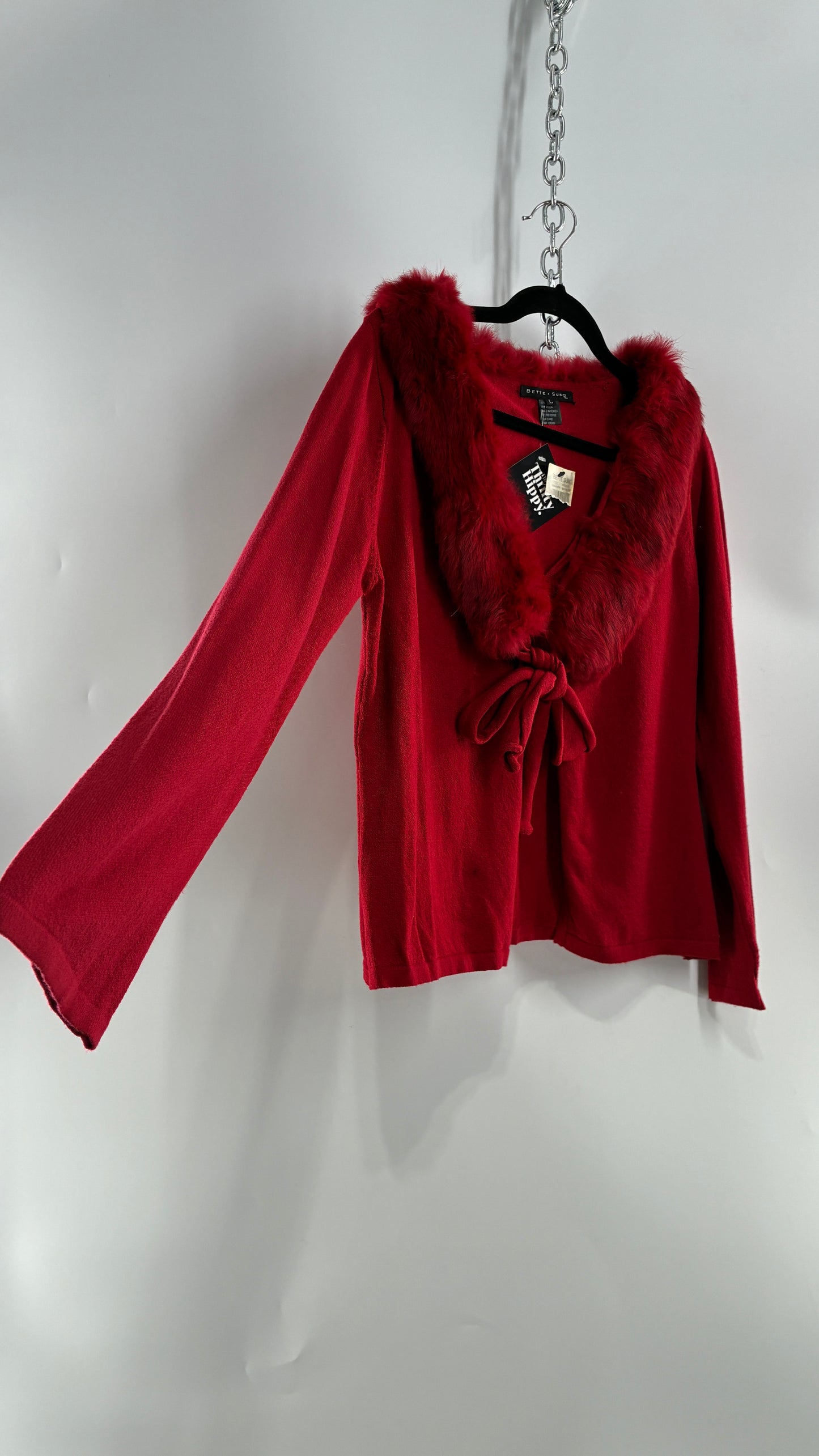 Deadstock Vintage BETTE SUNG Red Tie Bust Cardigan with Genuine Rabbit Fur Collar (Large)