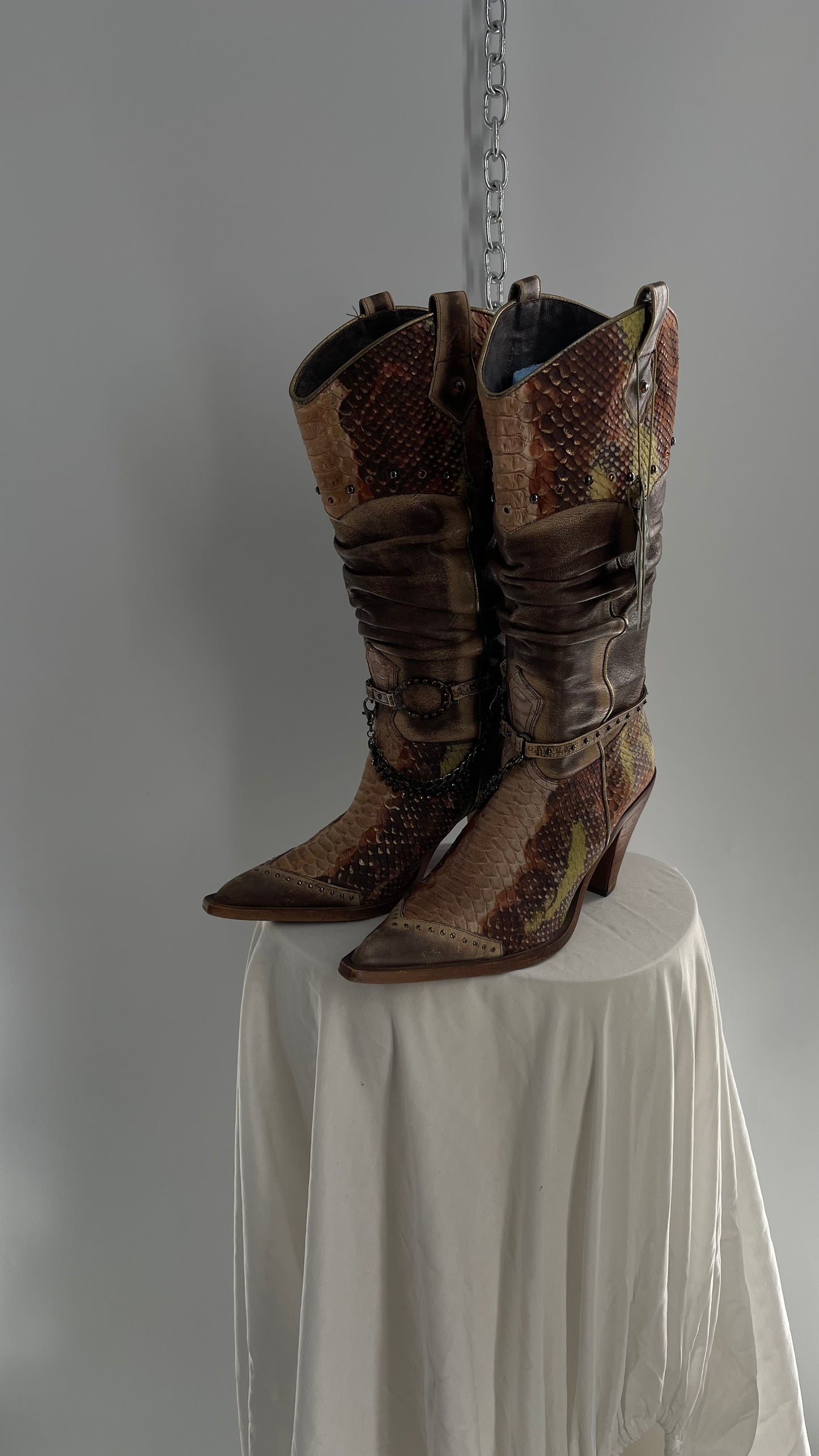 Vintage Steve Madden Stacked/Ruched Pointed Toe Cowboys with Snake Texture, Brown/Green/Orange with Chains and Studs (8)