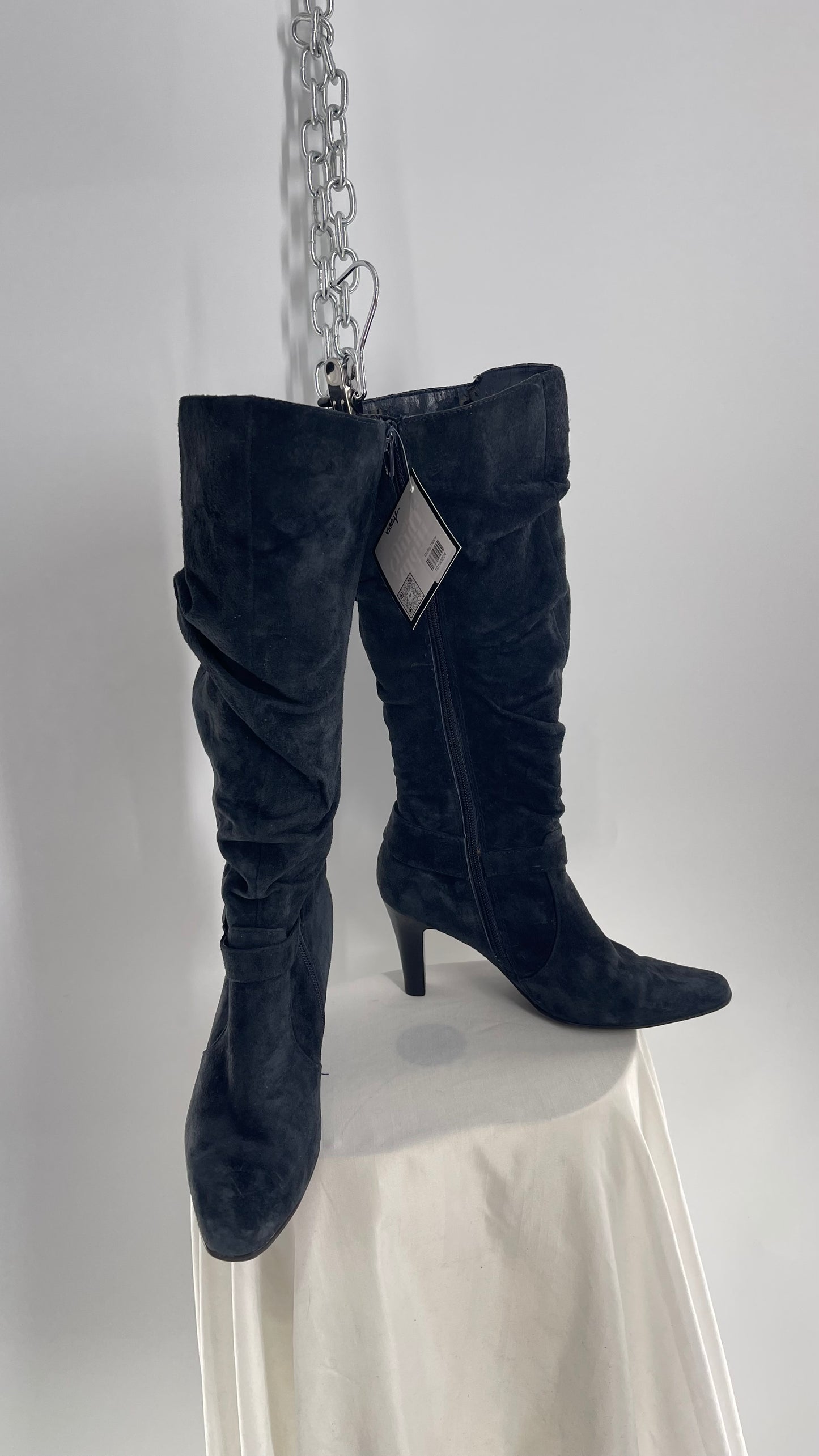 Vintage White Mountain Black Stacked Knee High Heel Boots with Ankle Stud and Buckle (7.5)