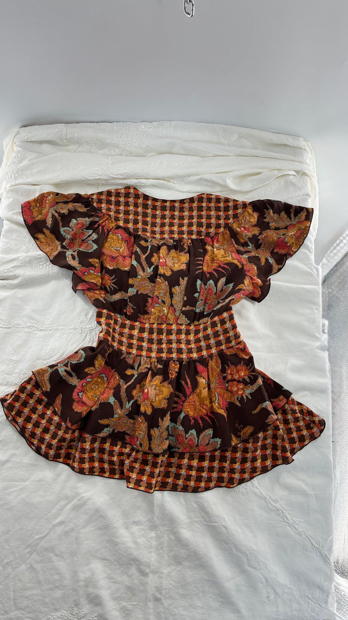 Vintage ANNA SUI 100% Silk Orange and Brown Mixed Pattern Blouse (4)