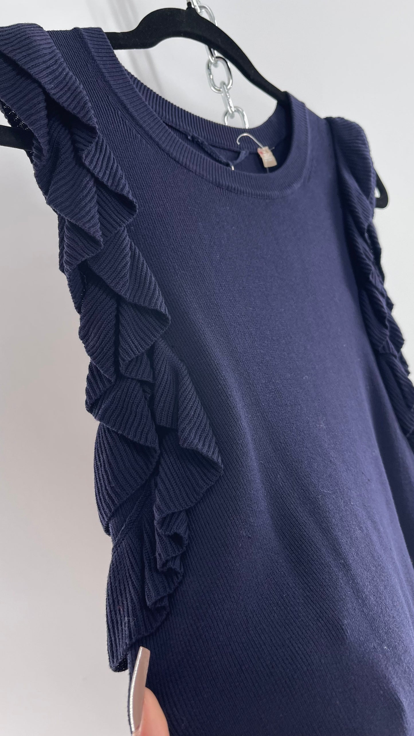 Anthropologie Knitted & Knotted Navy Ruffled Arm Sleeveless Blouse (Small)