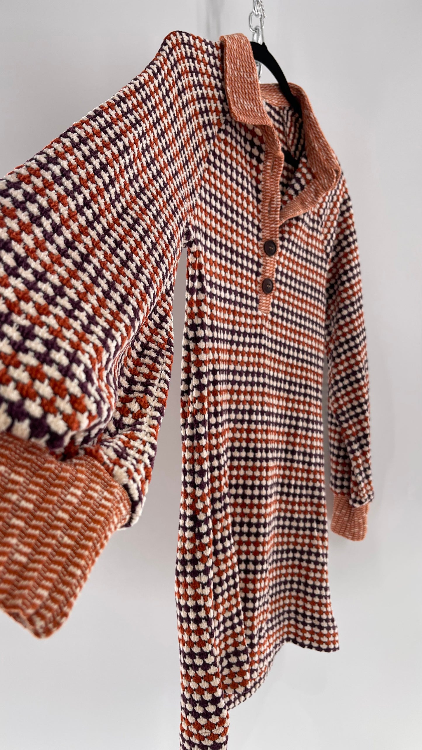 Free People Collared, Orange/Purple Chenille Knit Houndstooth Checkered Patterned 70s Dress (Small)