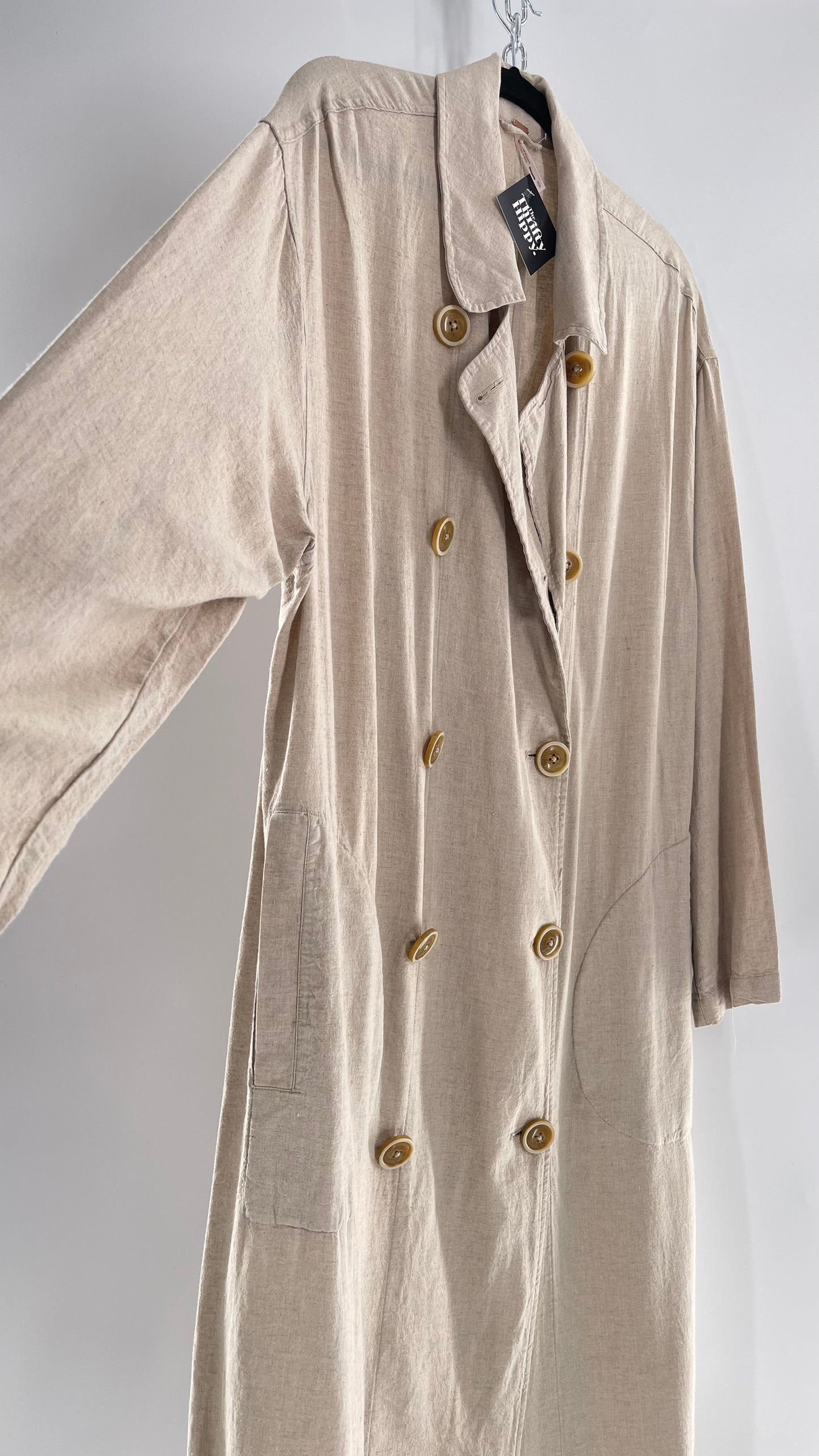 Free People Double Breasted Beige Linen Trench Coat with Brown Buttons and Tags Attached