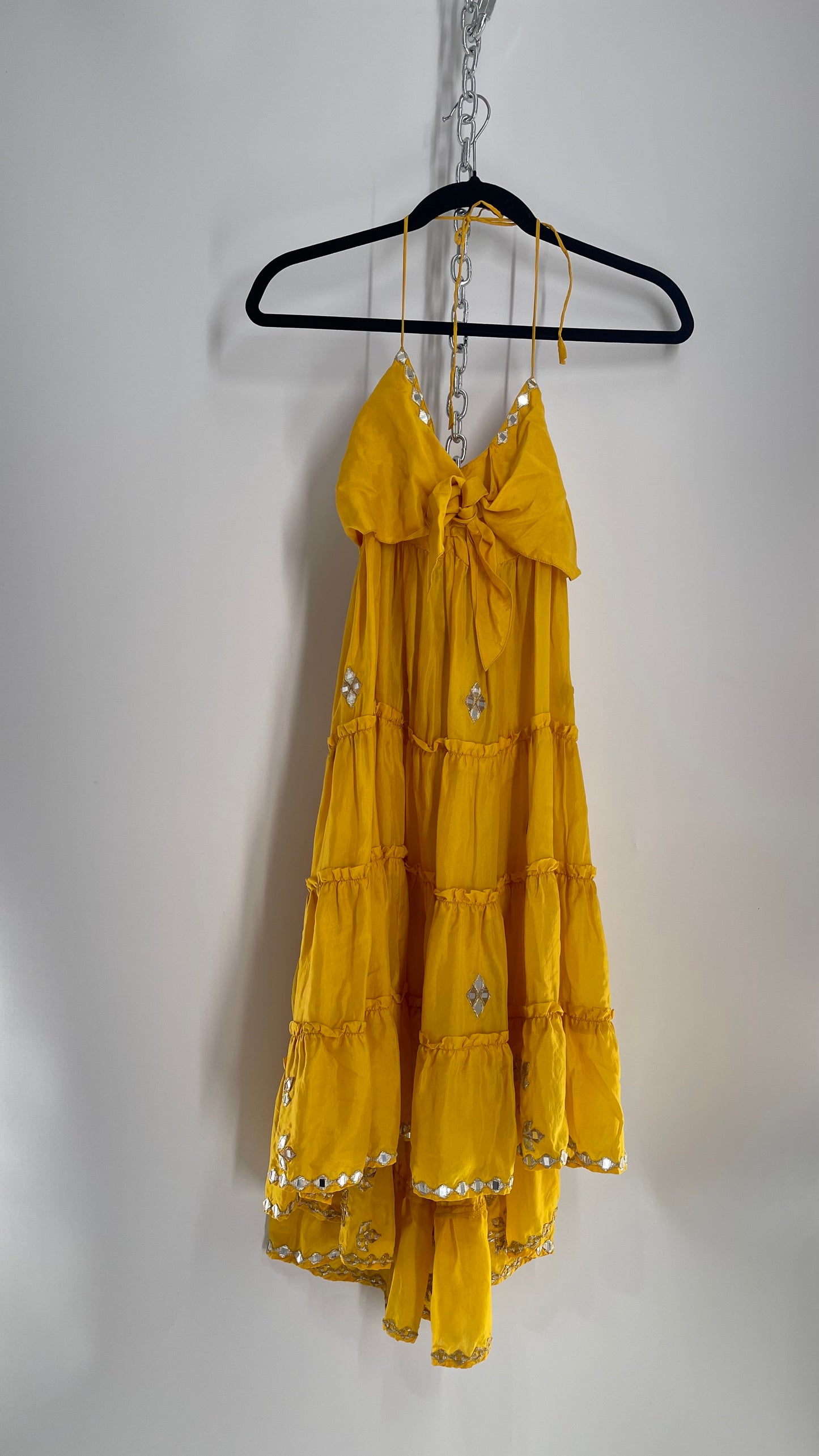 Vintage Juliet Dun Silky Yellow Tiered Dress with Mirror Details (2)