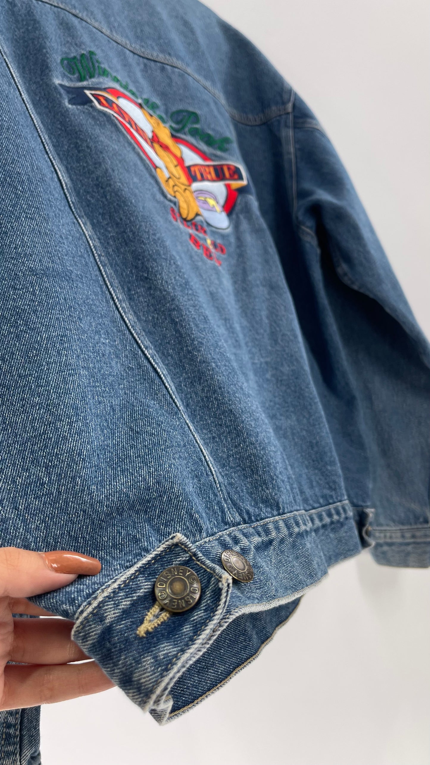 Vintage Disney Denim Jacket with Embroidered Graphic/Patches on Back and Pocket (Medium)