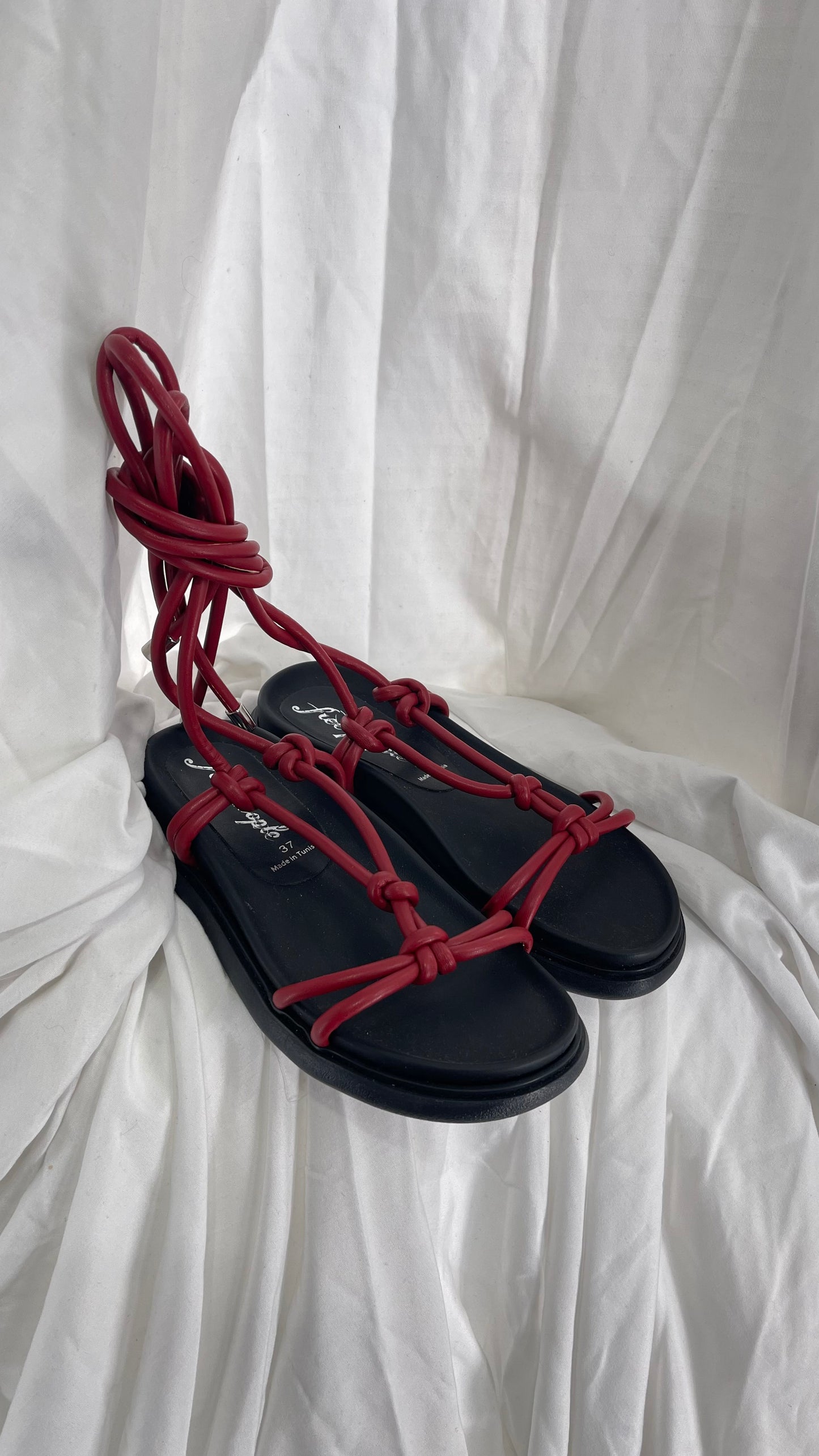 Free People Red Leather Tie Up Sandal (37/6)