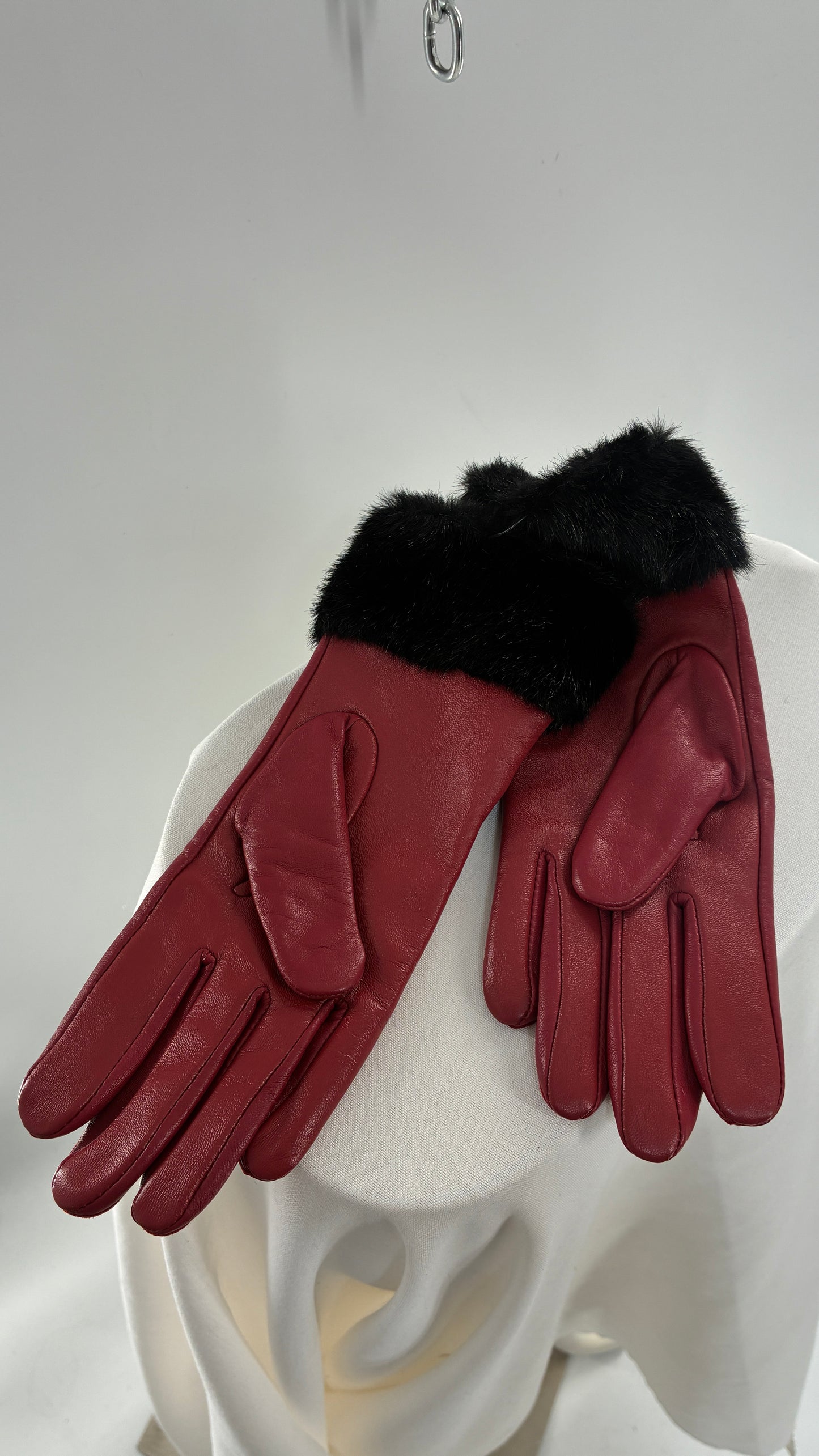 Vintage Red Leather Gloves with Faux Fur Trim