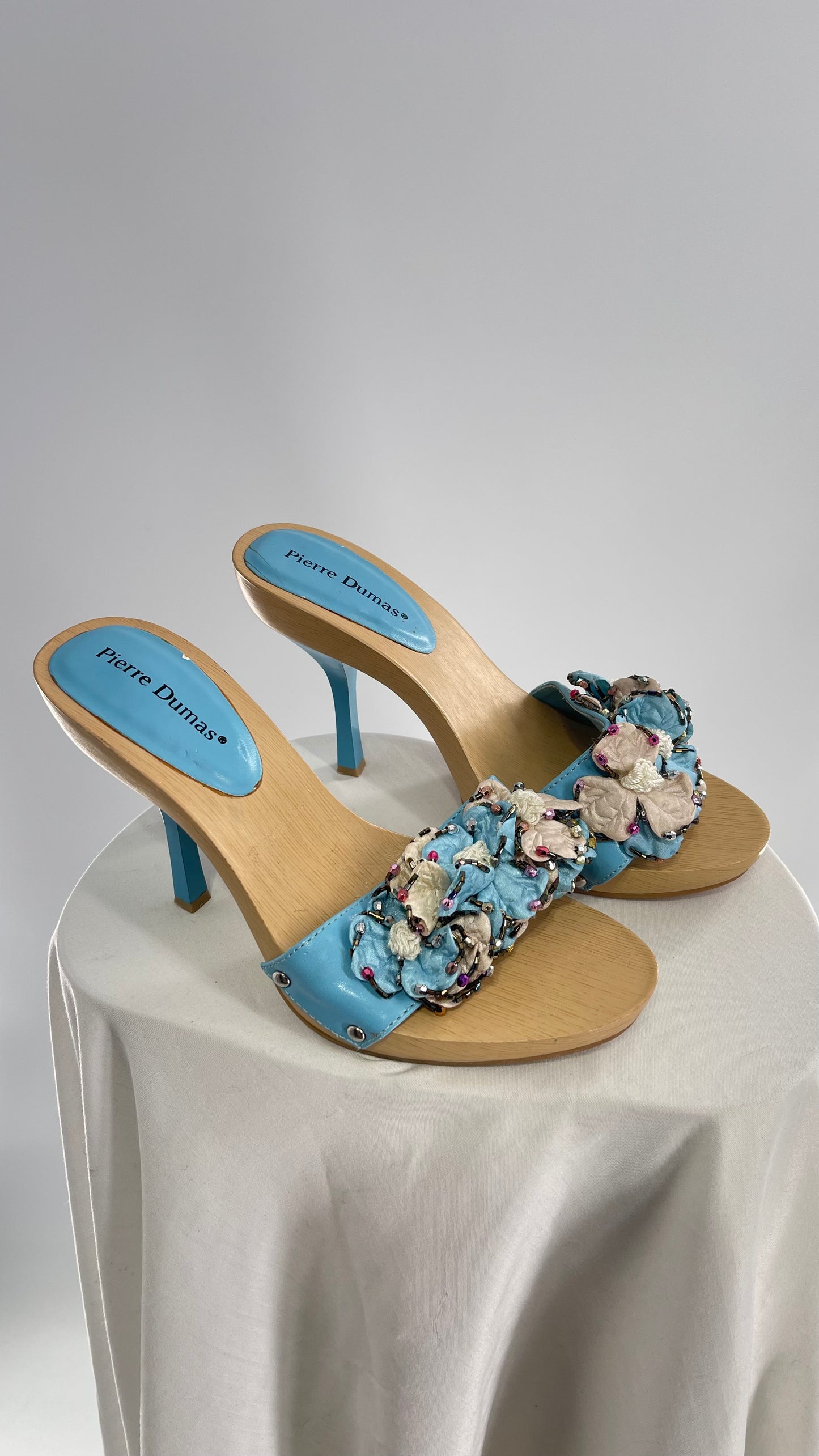 Pierre Dumas Baby Blue Wooden Heel with Beaded Floral Appliqués (9)