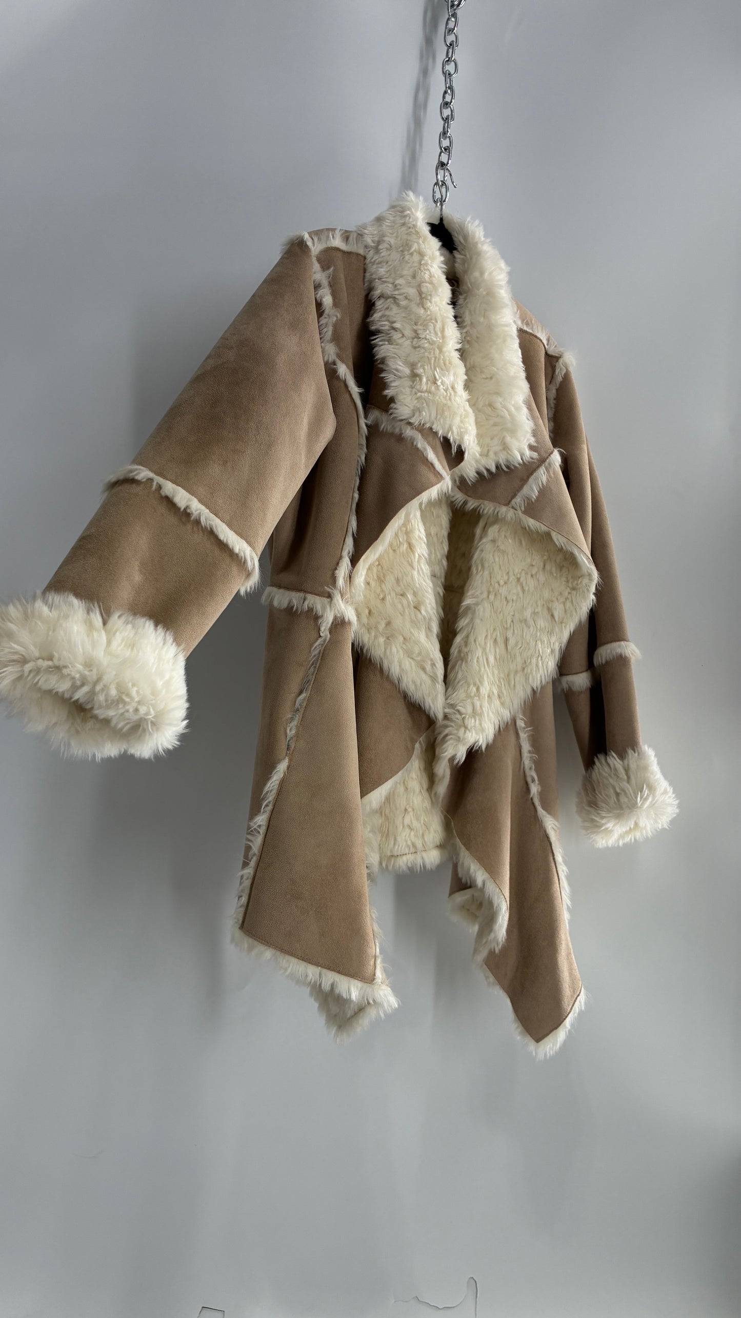 Fabulous Furs Vegan Suede Coat with Faux Fur Piping and Cuffs (Large)
