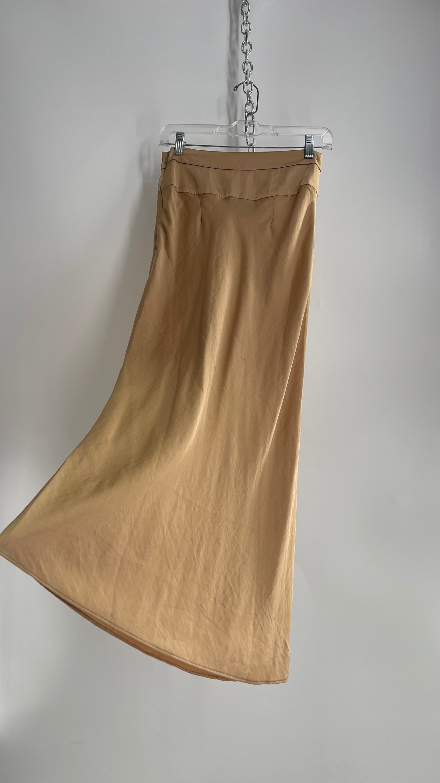 Free People Gold/Tan Silky Maxi Slip Skirt with Wide Waist Band (2)